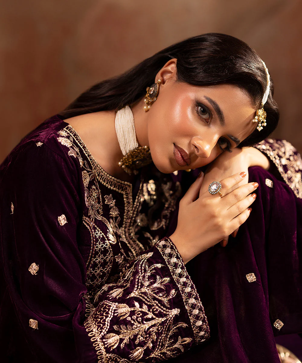 Velvet Saga By Kross Kulture Stitched Embroidered Velvet Shirt Suit-0001806-SML-PLM - Image 7
