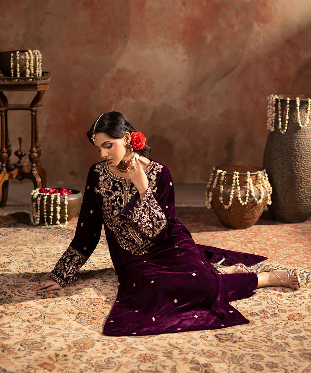 Velvet Saga By Kross Kulture Stitched Embroidered Velvet Shirt Suit-0001806-SML-PLM - Image 9