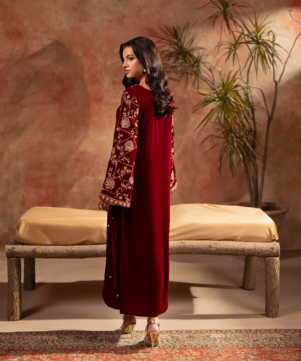 Velvet Saga By Kross Kulture Stitched Embroidered velvet shirt Suit-0001808-SML-MAR - Image 3