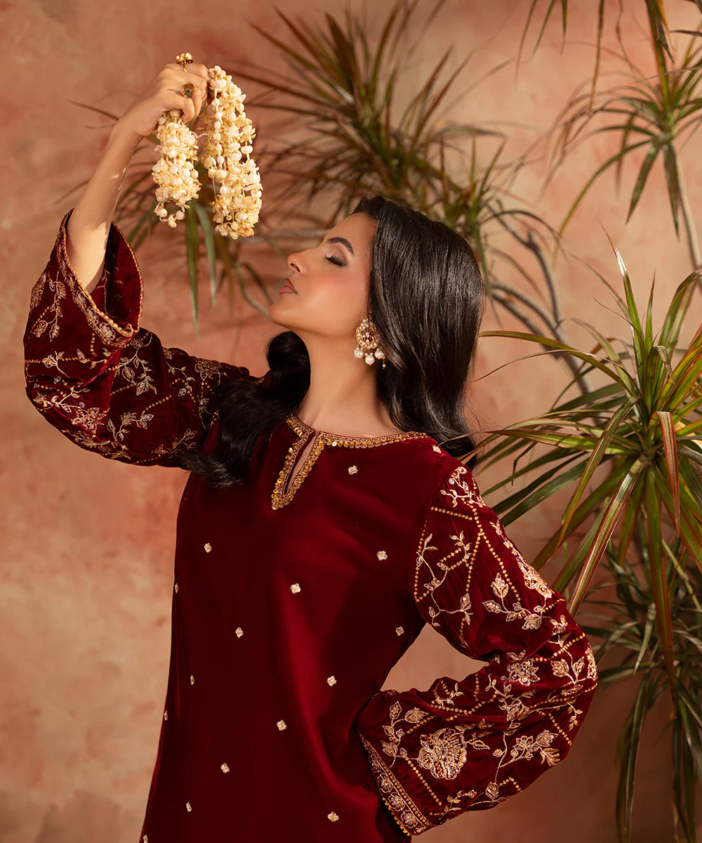 Velvet Saga By Kross Kulture Stitched Embroidered velvet shirt Suit-0001808-SML-MAR - Image 7