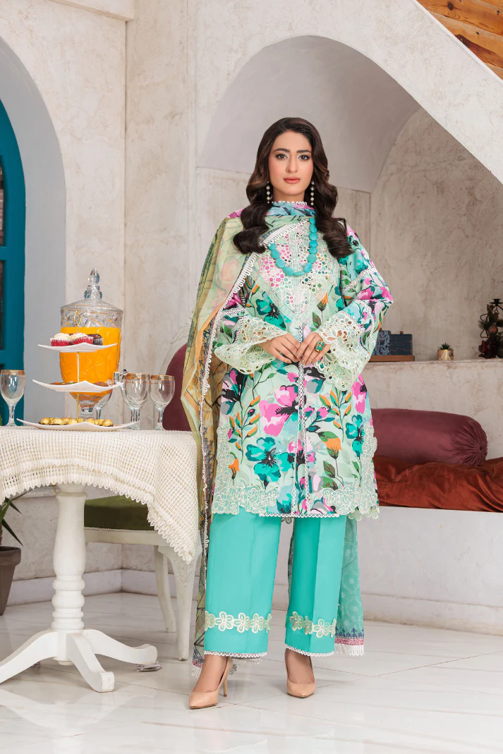 Huma Gul Unstitched 3 Piece Emb Lawn Suit-Emerald Mist HG-108 - Image 7