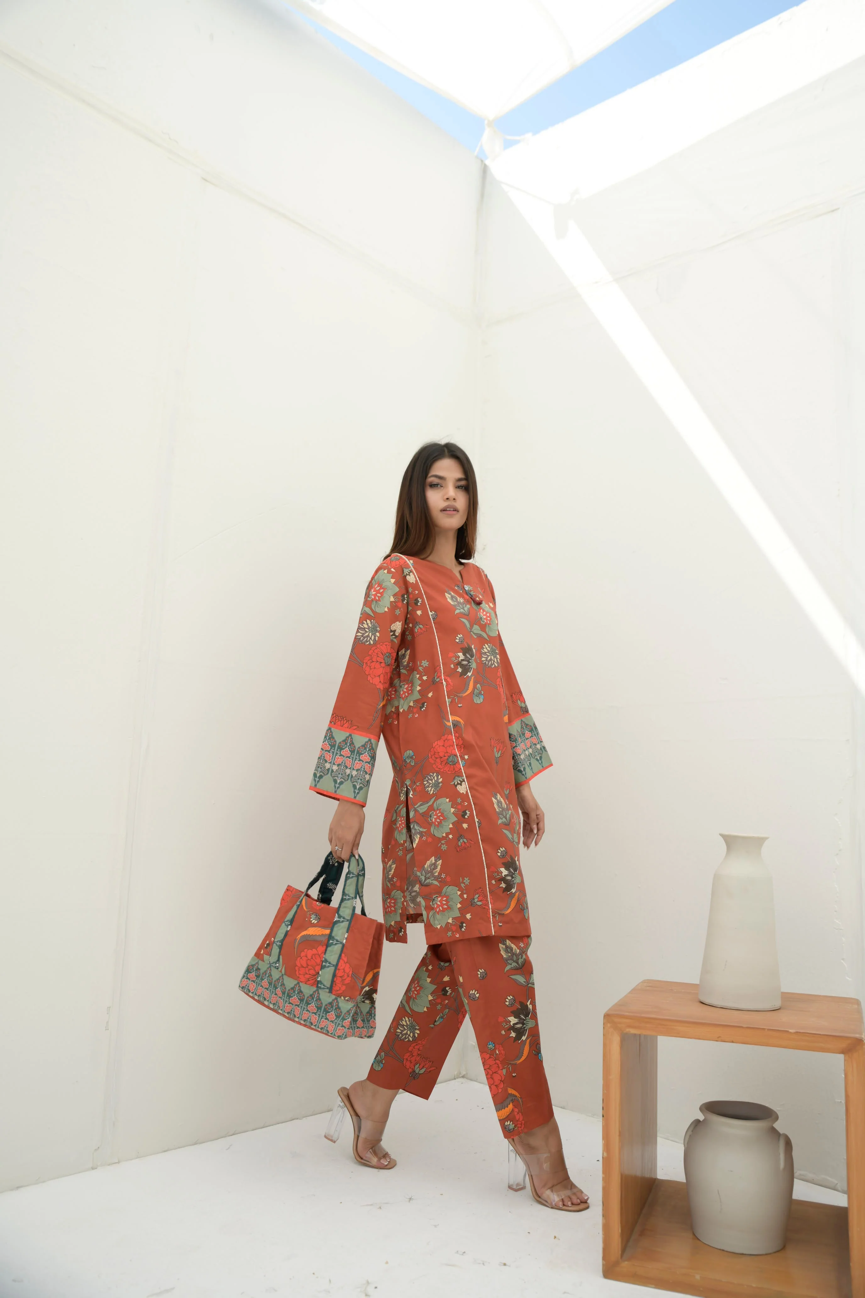 Preet Print Edit By Suitsu Stitched Summer Suit-Gilina Rust Bloom