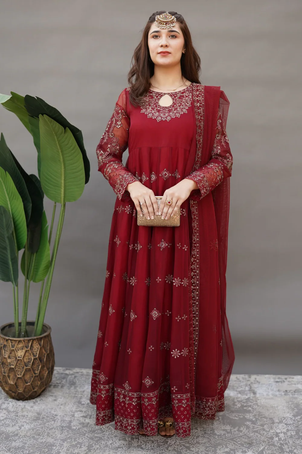Esra Stitched 3 Piece Luxury Formals Collection-Maroon Chiffon - EMS-23-01 - Image 7