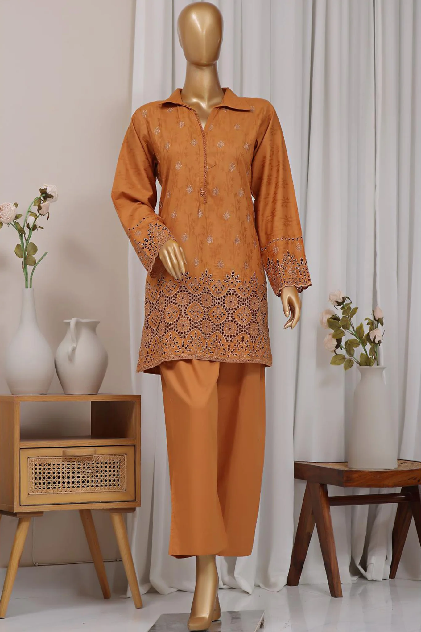 Estelle by Sada Bahar Stitched Co Ords Emb Jacquard Suit-CK-Mustard