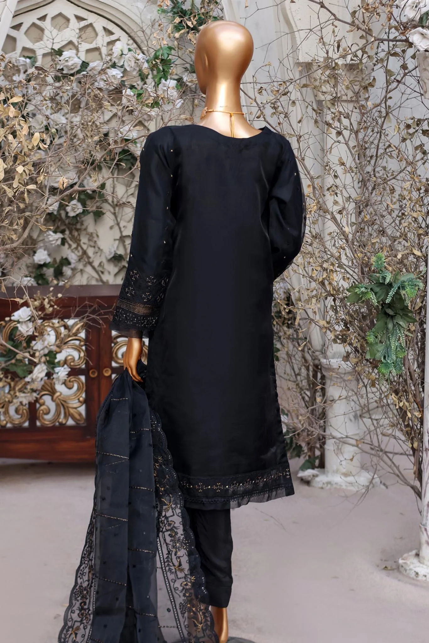 Falsafaa by HZ Ready To Wear 3 Piece Embroidered Organza Suit-HZK-97-Black - Image 2
