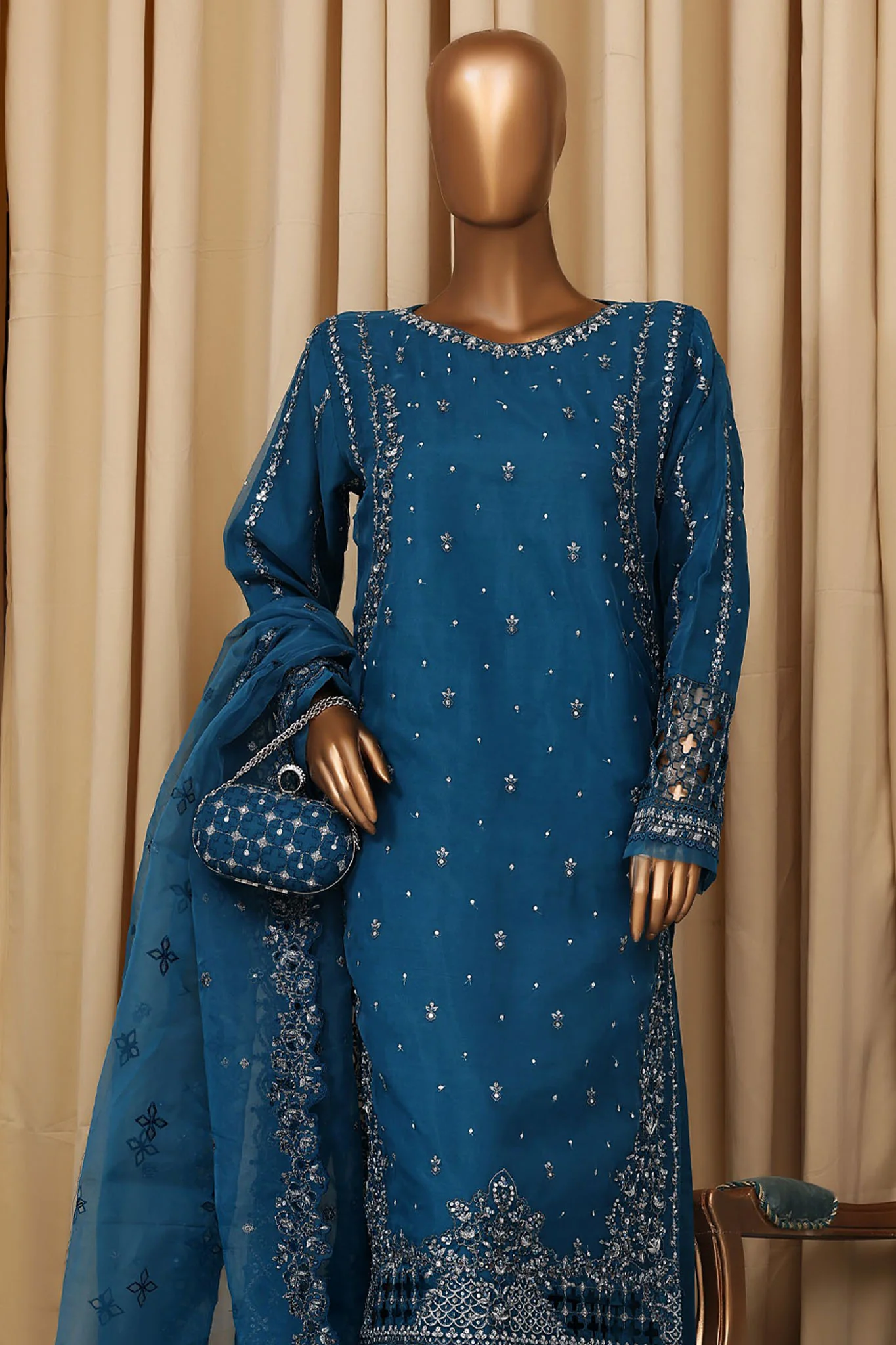 Falsafaa By HZ Stitched 3 Piece Emb Organza Vol-07 Suit-HZK-215-Turquoise - Image 2