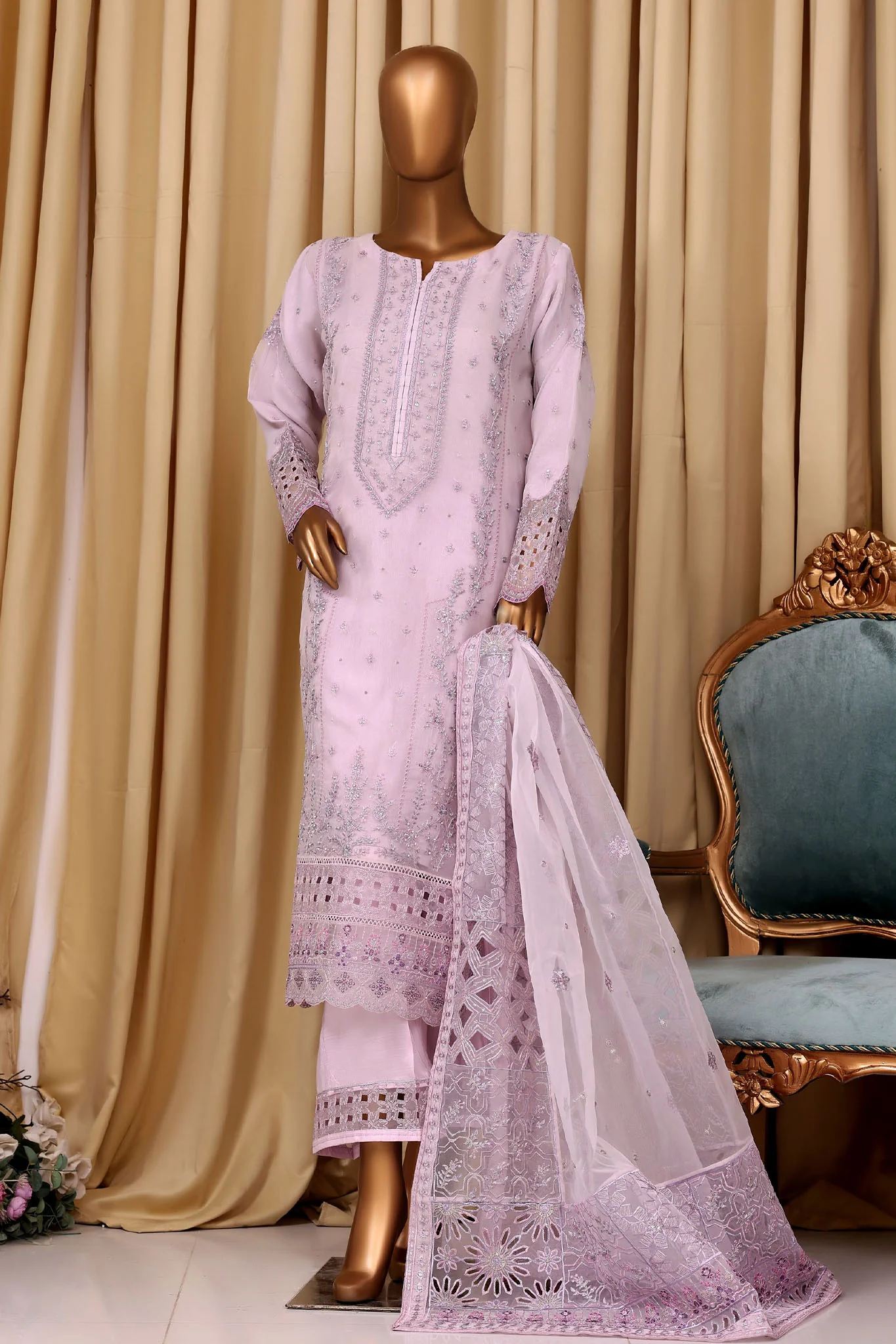 Falsafaa By HZ Stitched 3 Piece Emb Organza Vol-07 Suit-HZK-218-Lilac