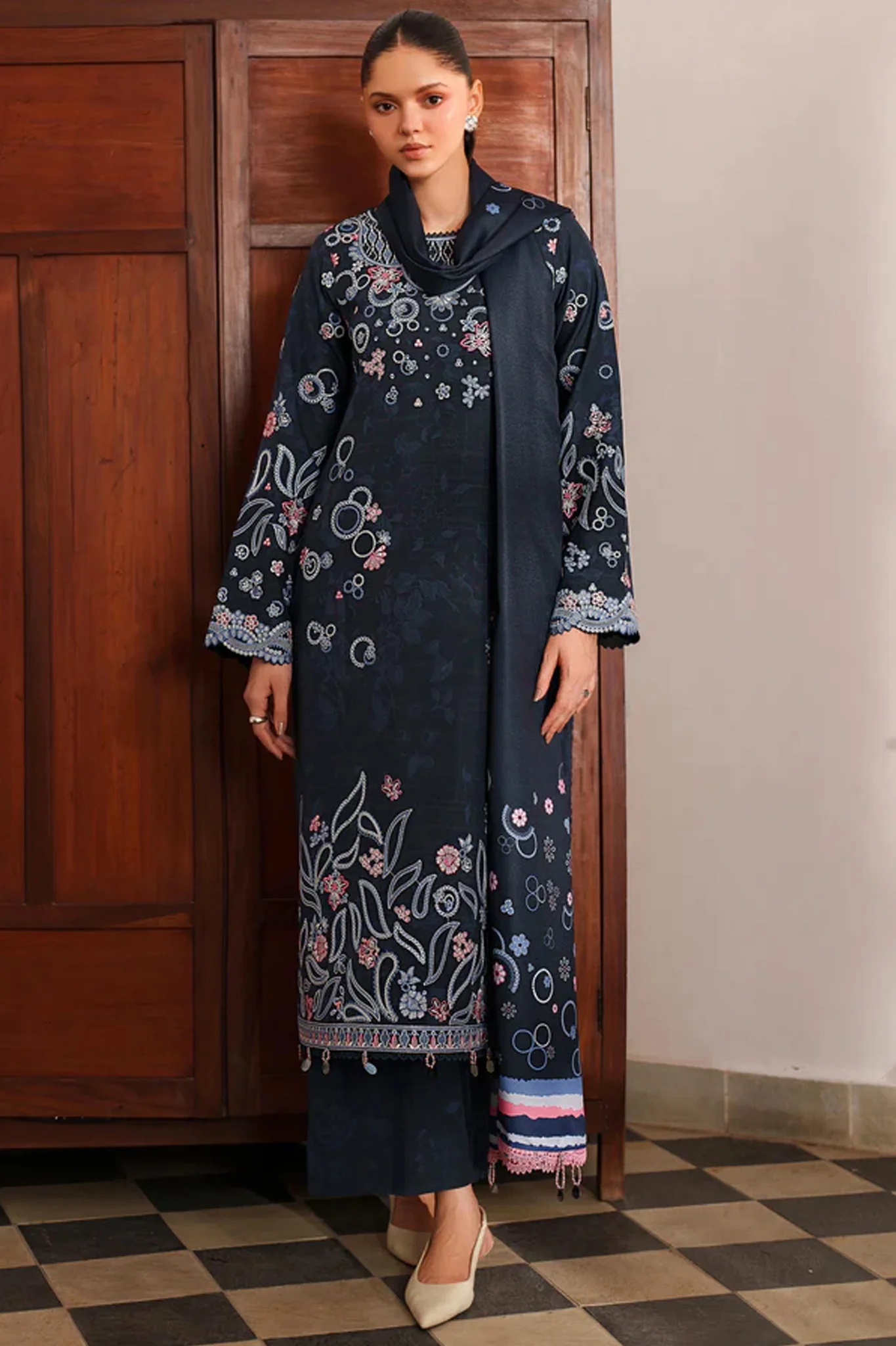 Meline By Farasha Unstitched 3 Piece Premium Viscose Suit-03-Night Oak