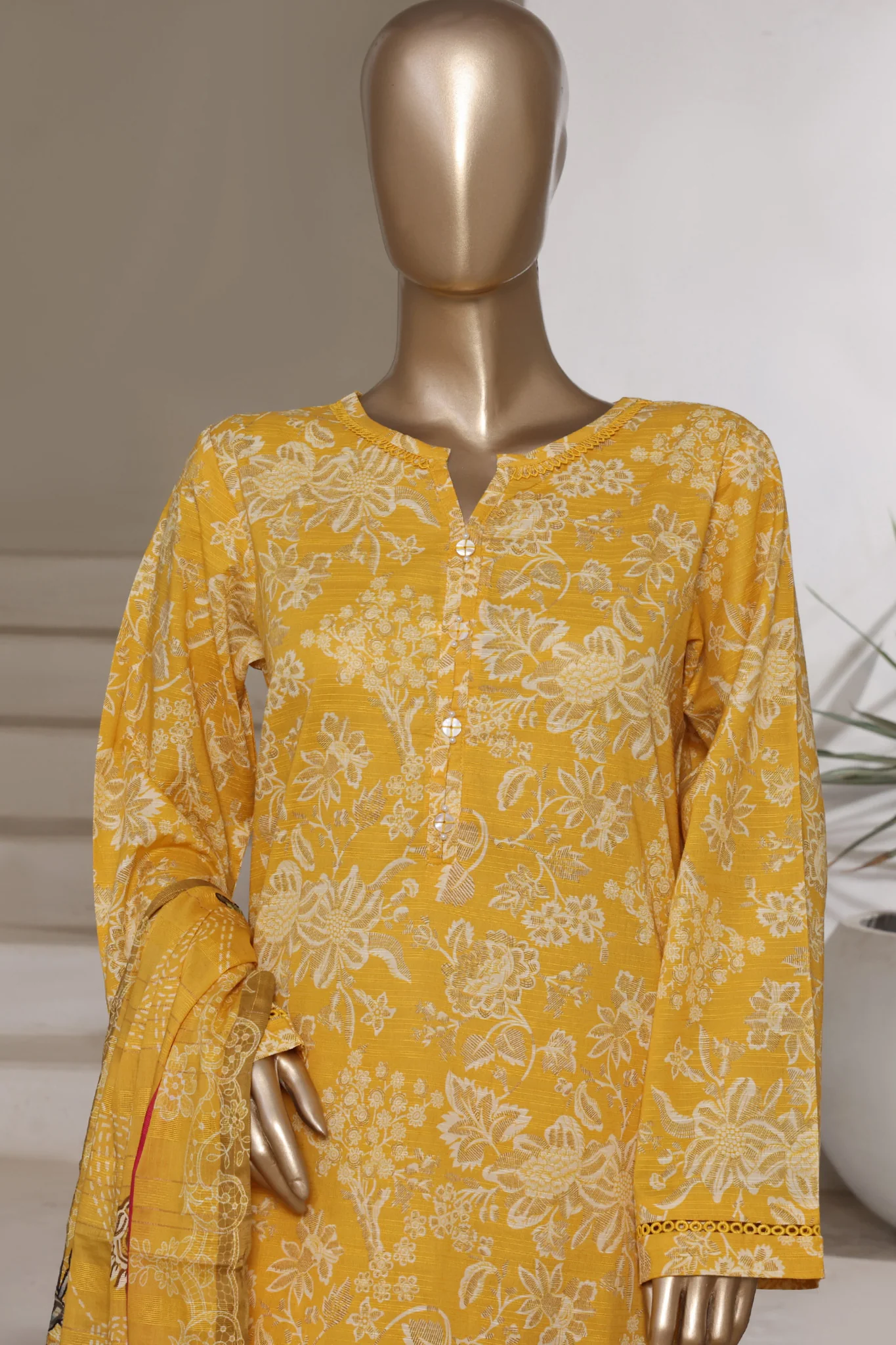 Sada Bahar Stitched 3 Piece Printed Cotton With Farshi Shalwar Vol-02 Suit-FS-274-Yellow - Image 2