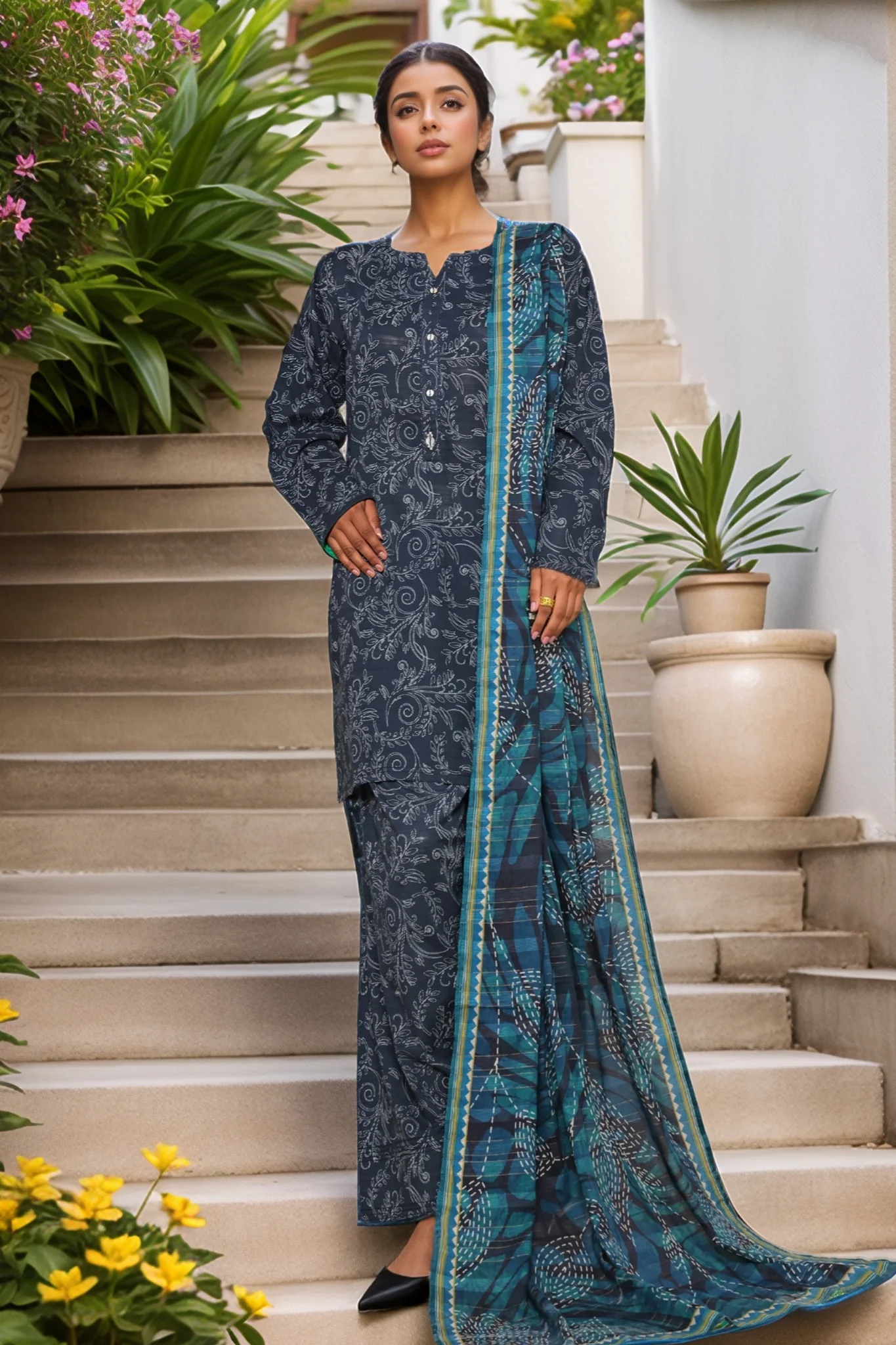 Sada Bahar Stitched 3 Piece Printed Cotton With Farshi Shalwar Vol-02 Suit-FS-277-Blue
