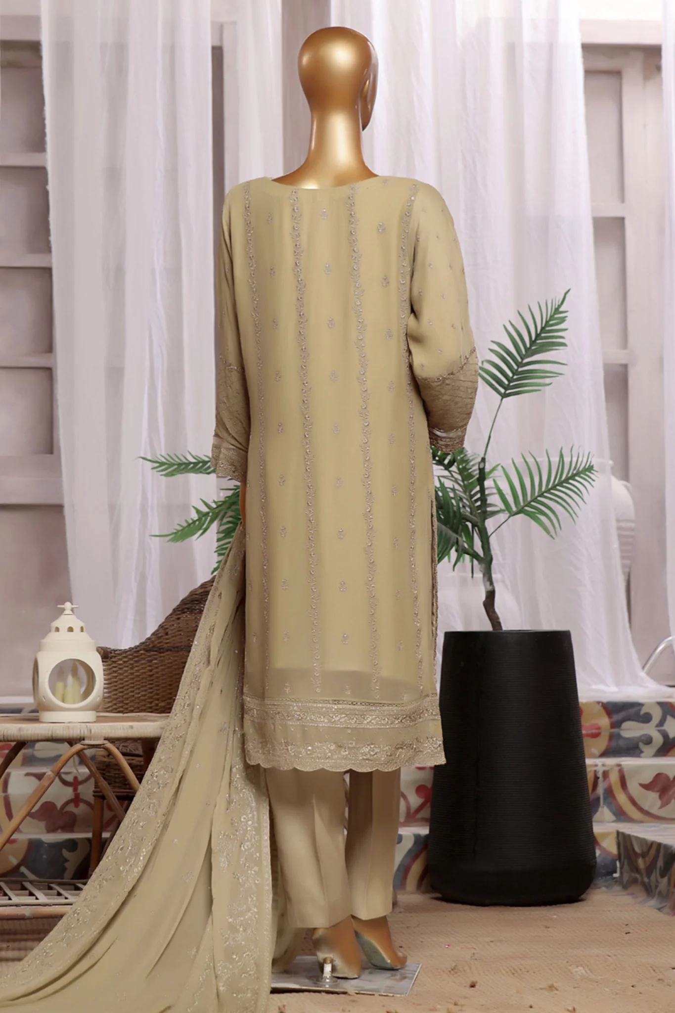 Fasaane By HZ Stitched 3 Piece Formals Chiffon Vol-06 Suit-HZK-184-Beige - Image 2