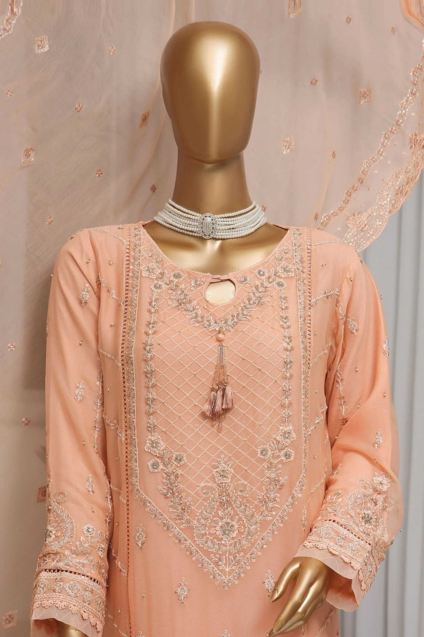 Fasaane By HZ Stitched 3 Piece Formals Chiffon Vol-07 Suit-HZK-167-Peach - Image 2