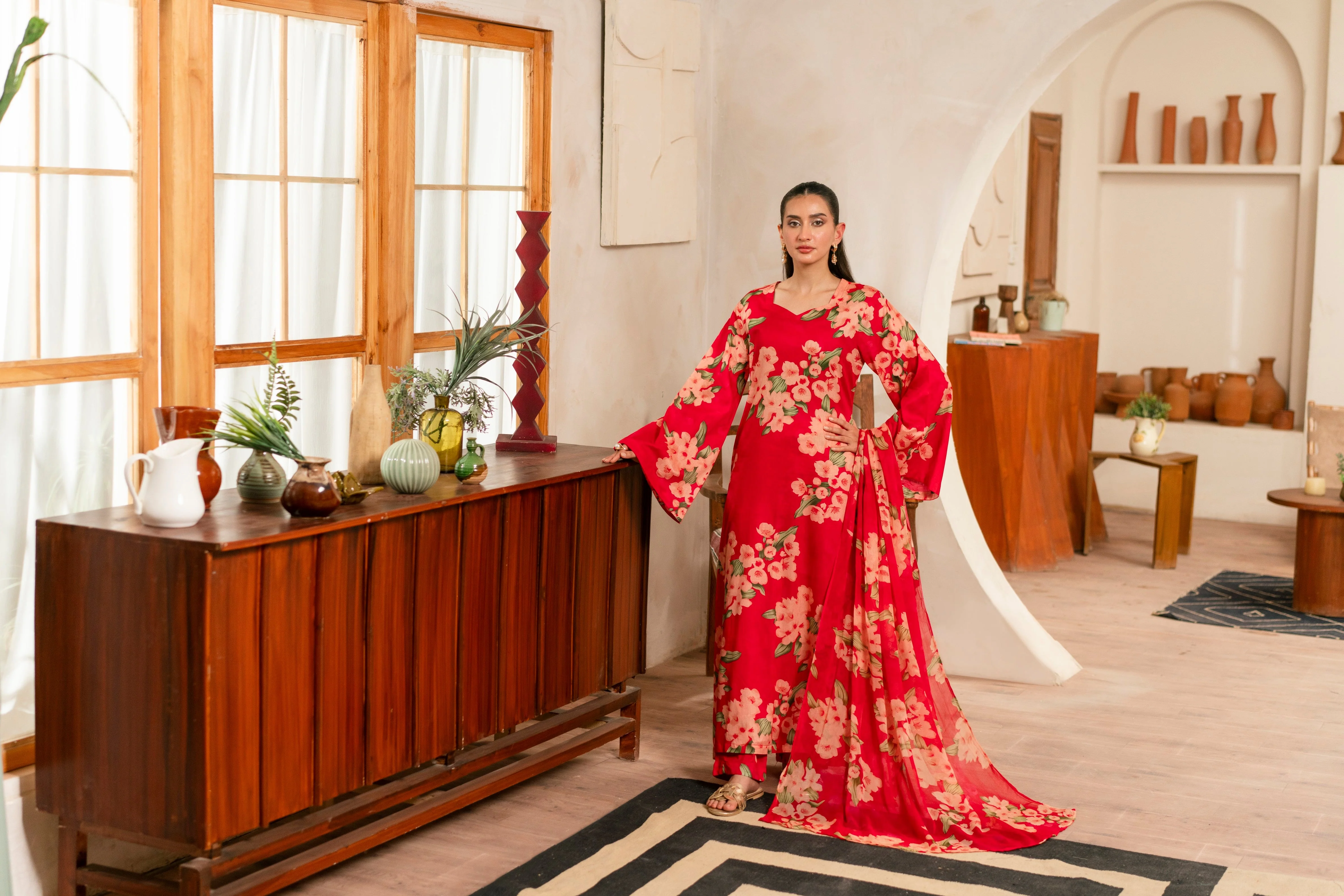 Feathers Unstitched 3 Piece Digital Printed Lawn Summer Suit-MERLOT-FT466 - Image 8