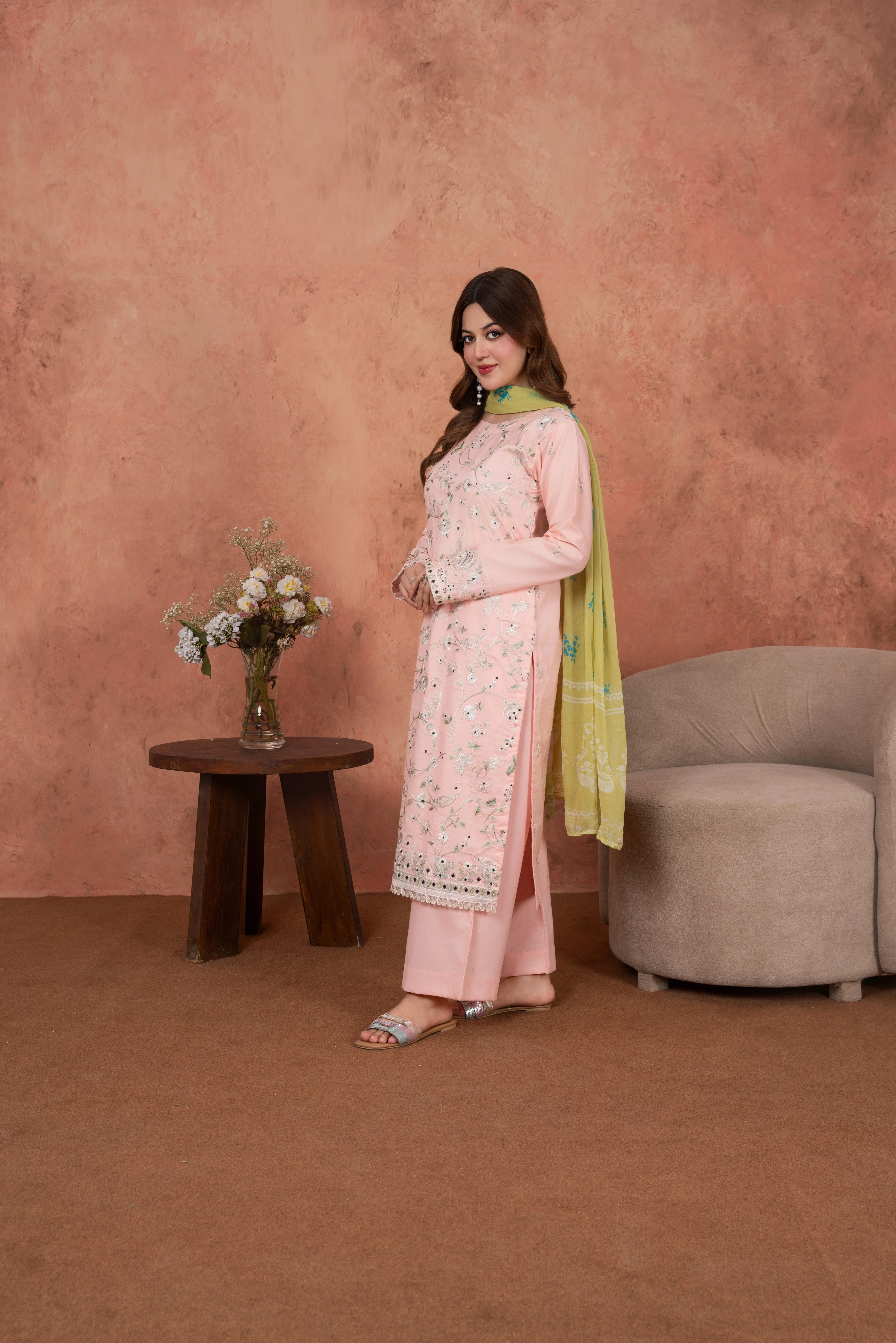 Feathers Unstitched 3 Piece Emb Lawn Summer Suit-Blush Petal Heirloom-FT696 - Image 2