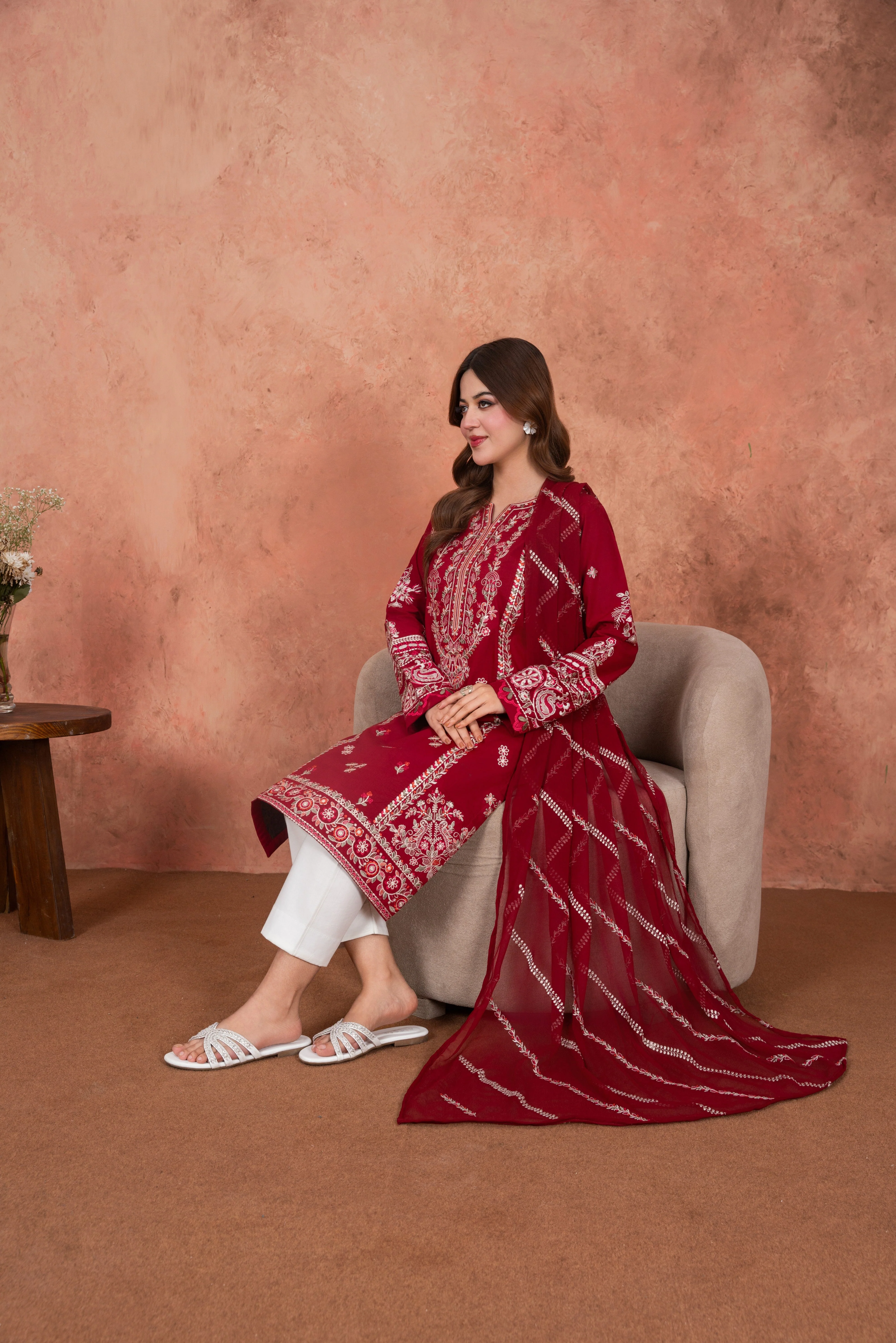Feathers Unstitched 3 Piece Emb Lawn Summer Suit-Burgundy Royale Festive-Embroidered 3pc - Image 4