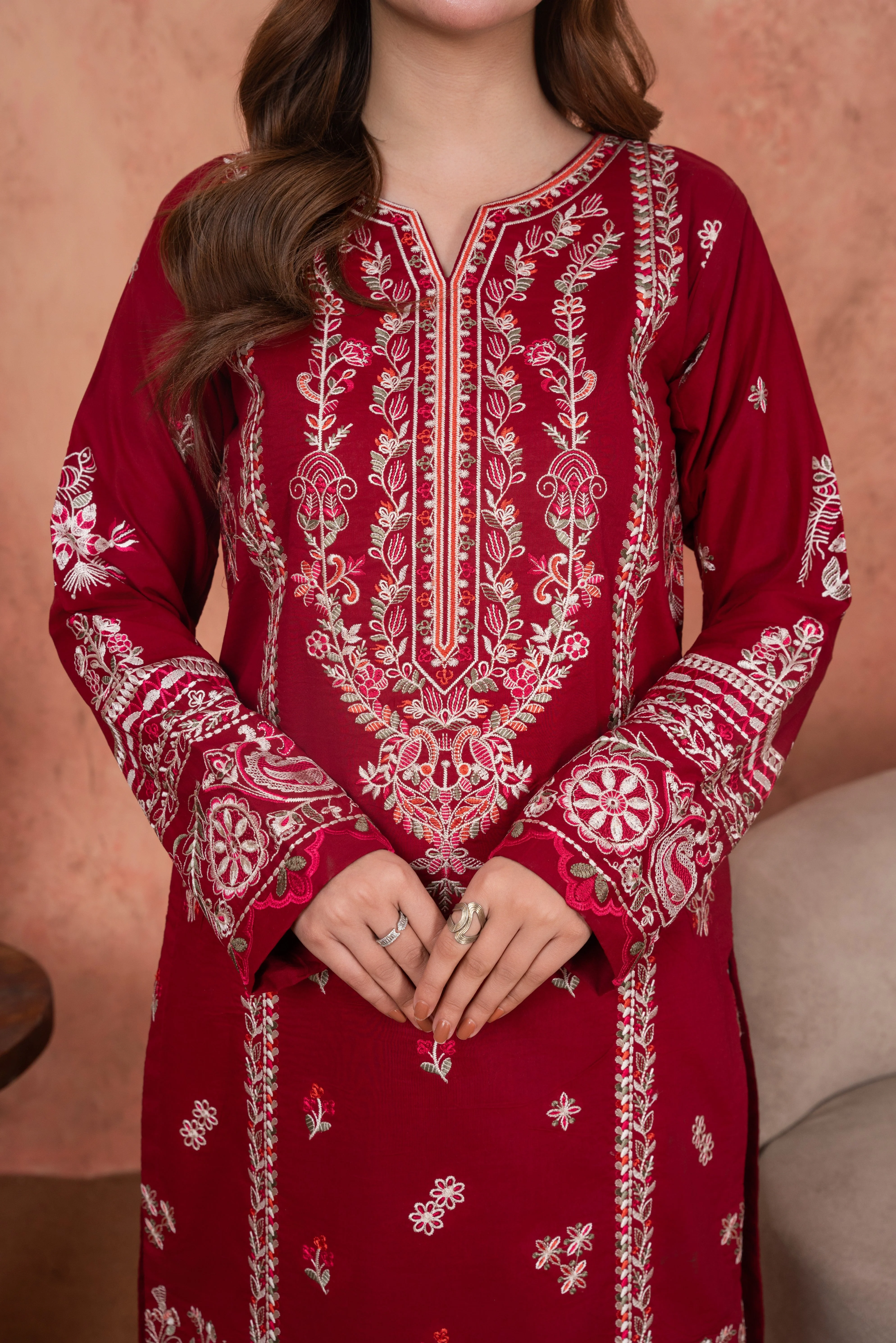 Feathers Unstitched 3 Piece Emb Lawn Summer Suit-Burgundy Royale Festive-Embroidered 3pc - Image 6