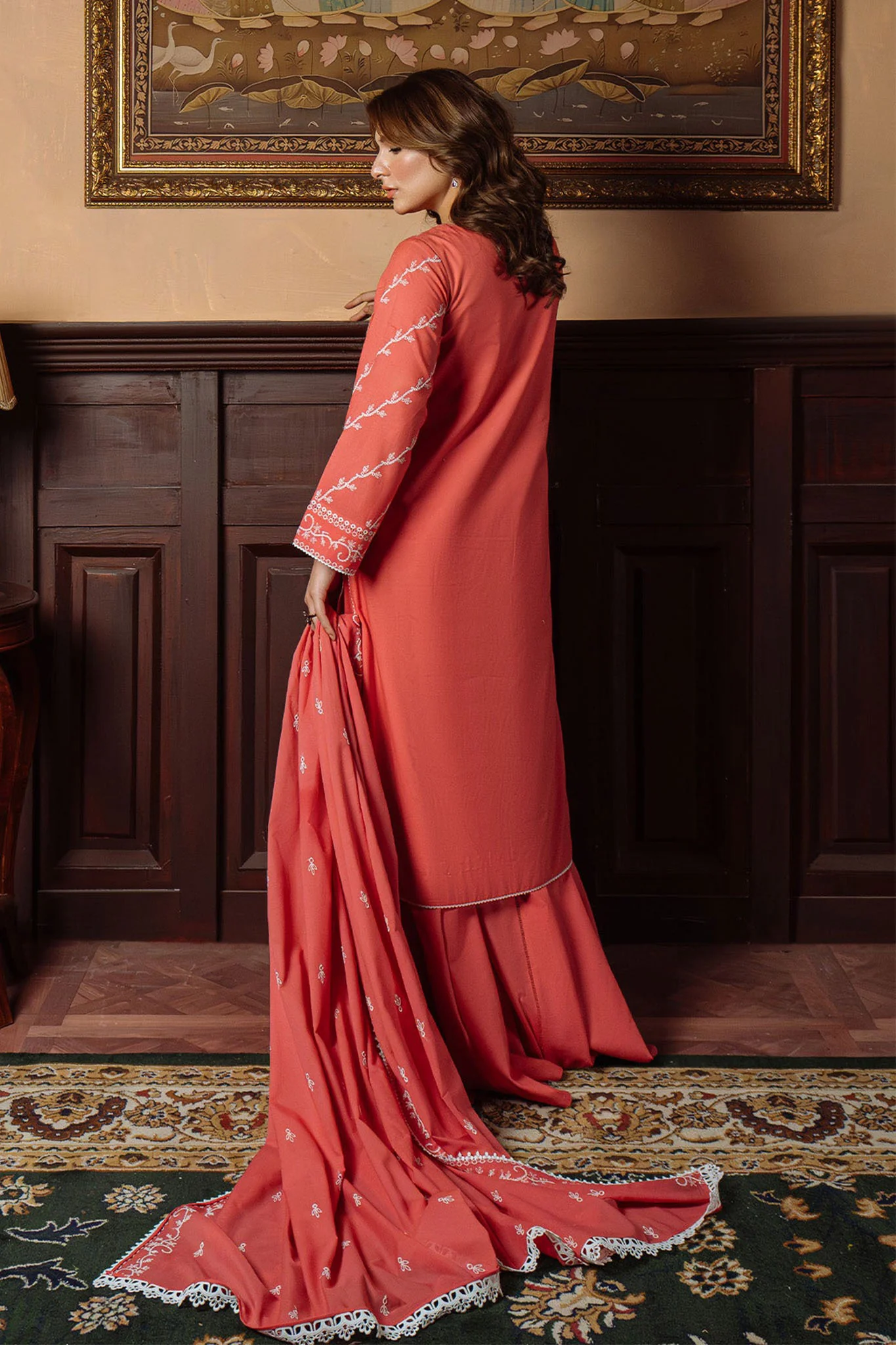 Festive Edit By Sahar Unstitched 3 Piece Chikankari Lawn Collection-02-Gilded Coral - Image 3