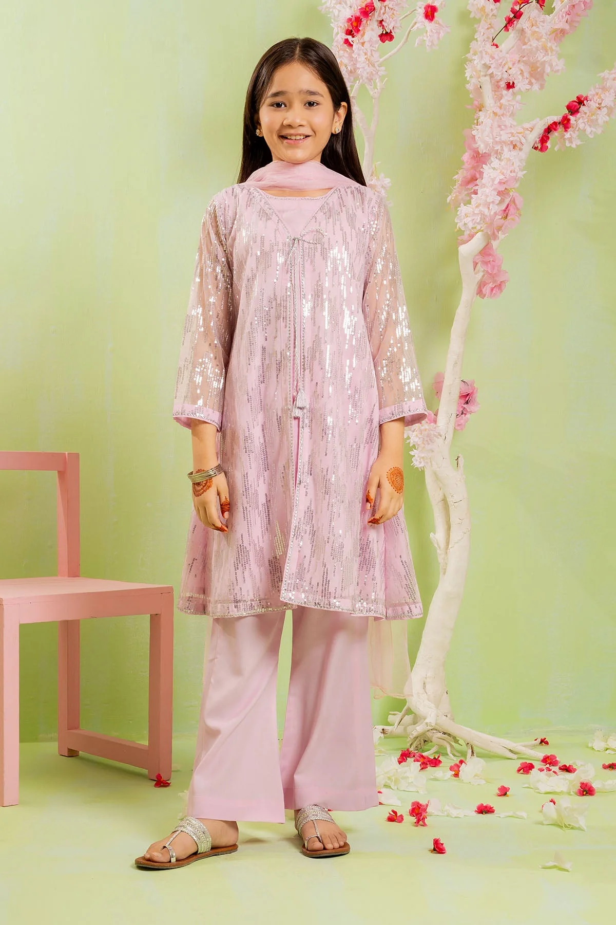 Ochre Clothing Sequence Embroidered Net 3 Pc Suit