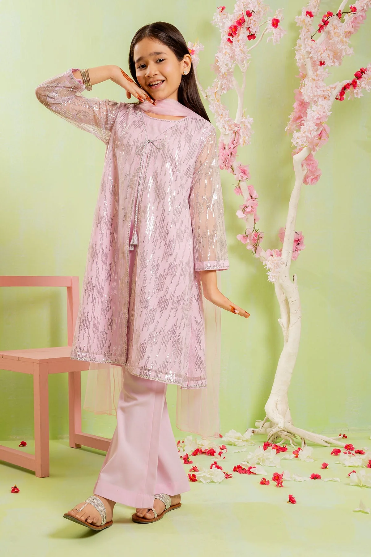 Ochre Clothing Sequence Embroidered Net 3 Pc Suit - Image 7
