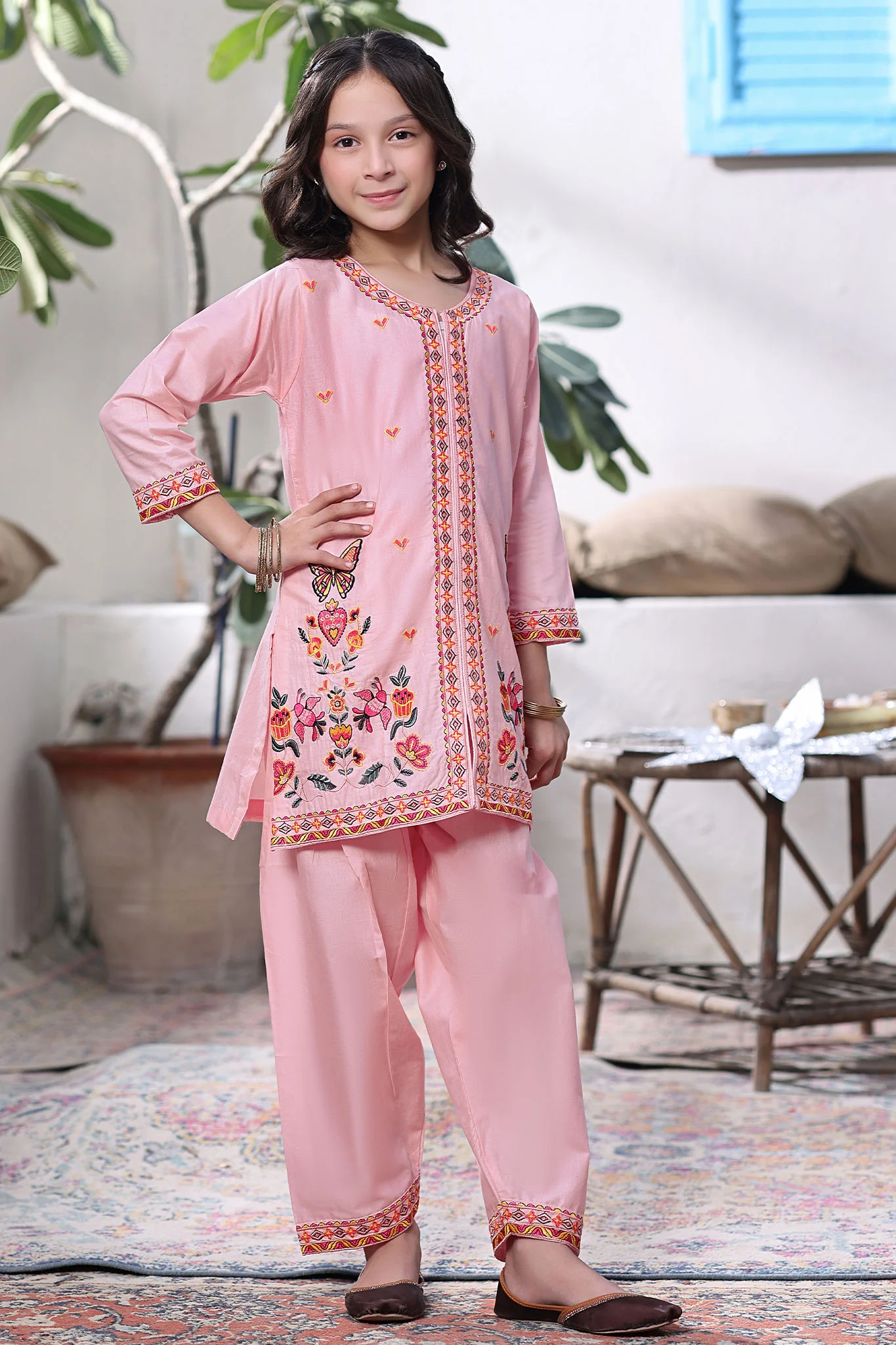 Fresh Bird Stitched 2 Piece Emb Festive Summer Kids Suit-Clara - Image 3