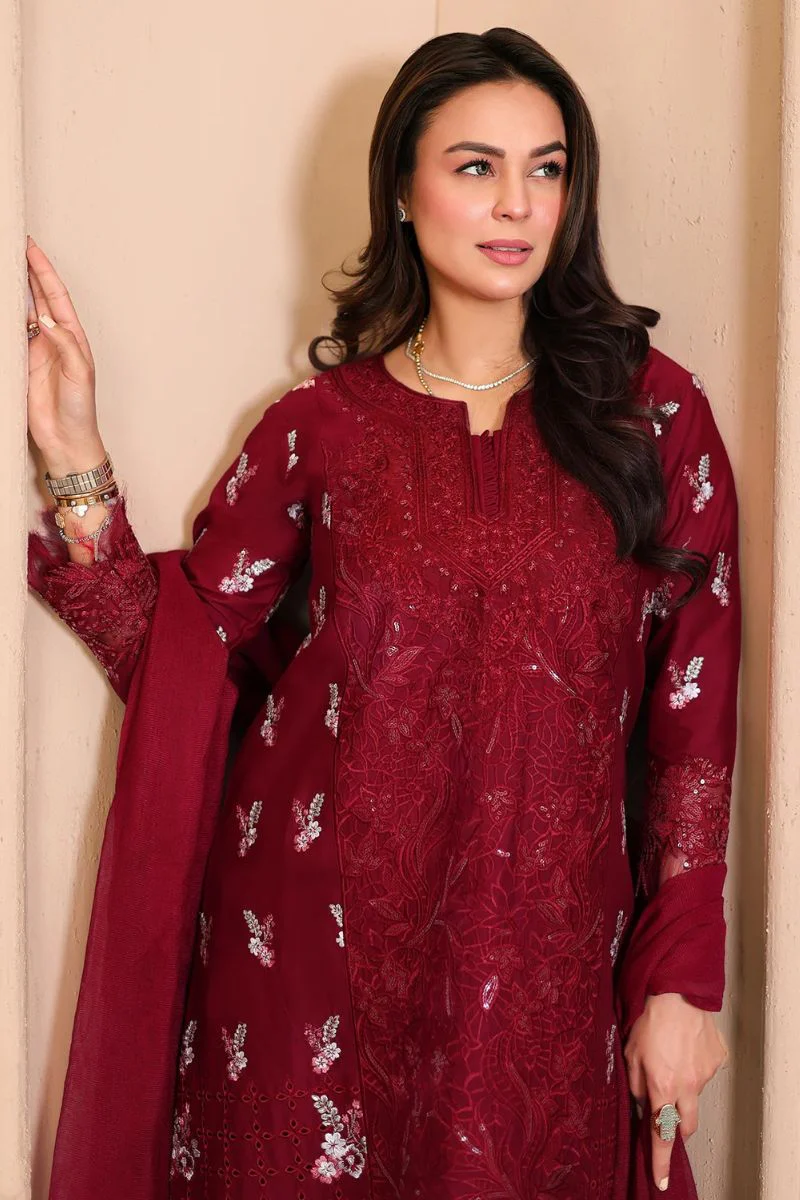 Tabeer By Mariam Malik Unstitched 3 Piece Summer Suit-Garnet Rose - Image 4