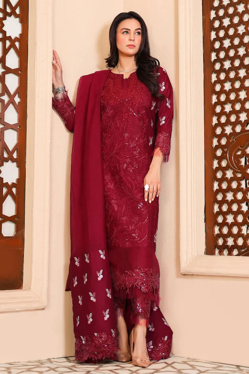 Tabeer By Mariam Malik Unstitched 3 Piece Summer Suit-Garnet Rose - Image 8