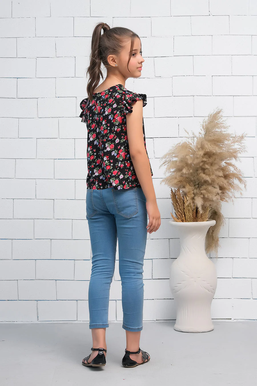 Sprinkles Stitched 1 Piece Summer Shirts Kids Suit-Girls Black & Red Ruffle Armhole Floral Rose Print Top - Image 6