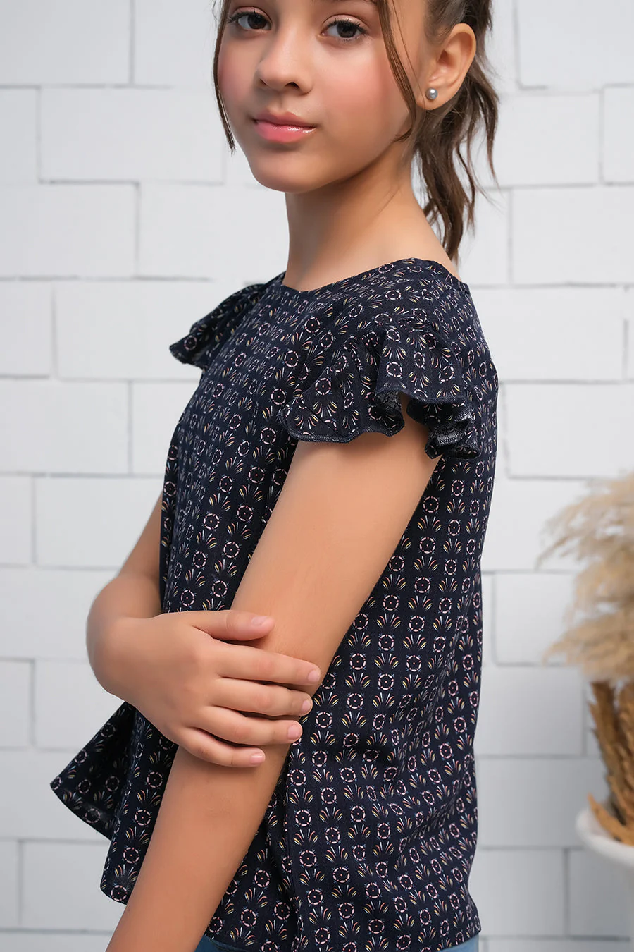 Sprinkles Stitched 1 Piece Summer Shirts Kids Suit-Girls Black Ruffle Armhole Floral Pattern Print Top - Image 2