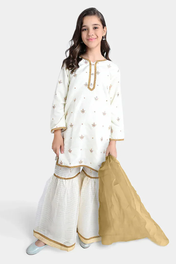 Urban Cut Girls Raw Silk 3Pcs Nikhaar-Ivory