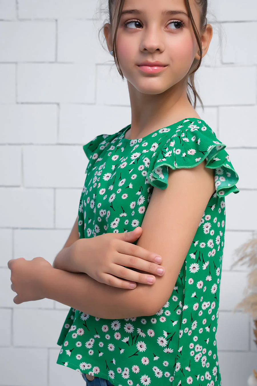 Sprinkles Stitched 1 Piece Summer Shirts Kids Suit-Girls Green Ruffle Armhole Floral Print Top - Image 2