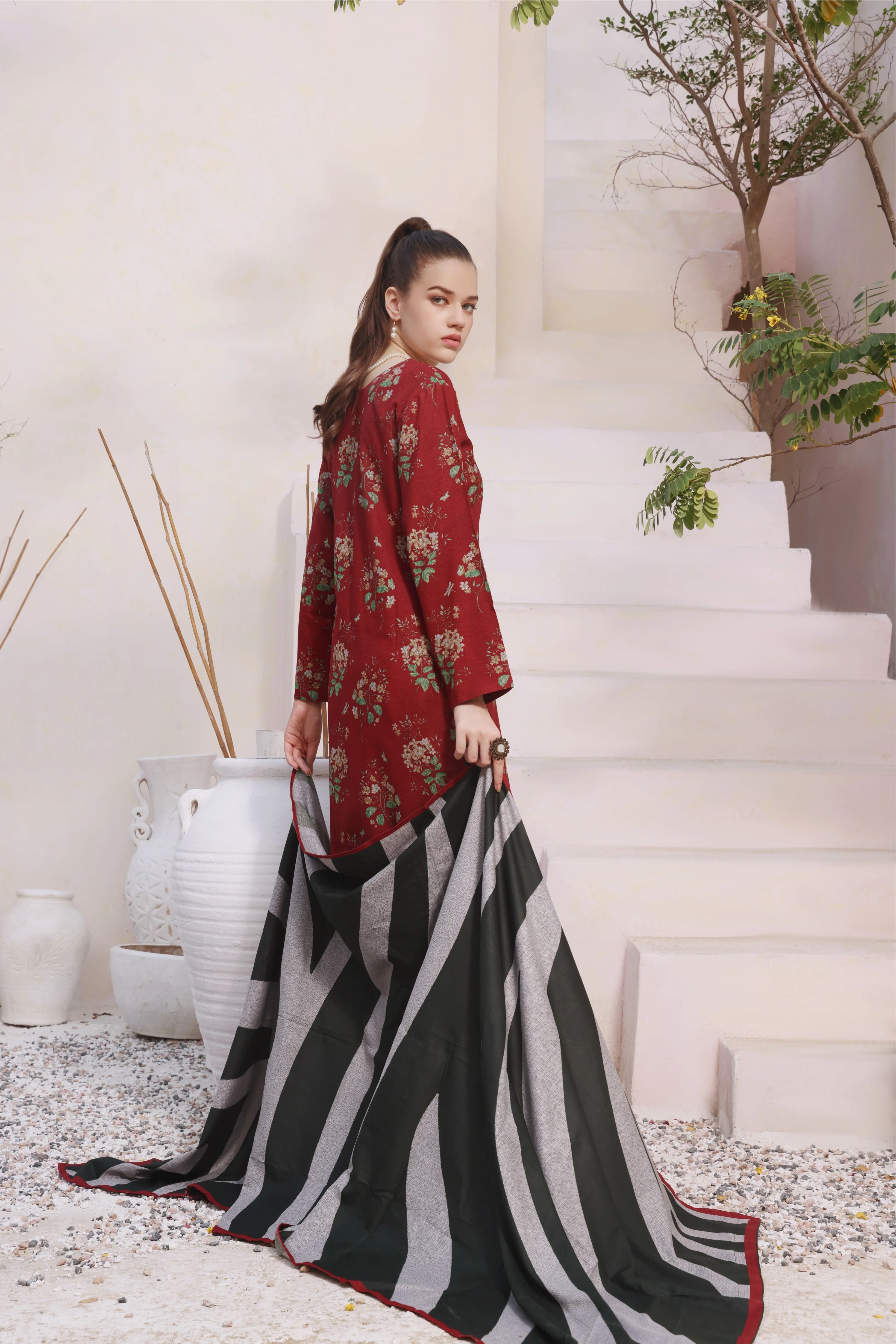 Feathers Unstitched 3 Piece Winter Collection-GLEAMING RUBY-FT295 - Image 2