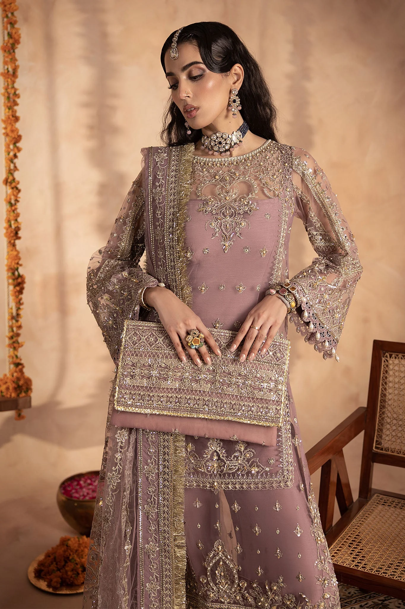 Shagun By Anayra Amal Unstitched 3 Piece Wedding Luxe Edit-Gota Kinari - Image 2