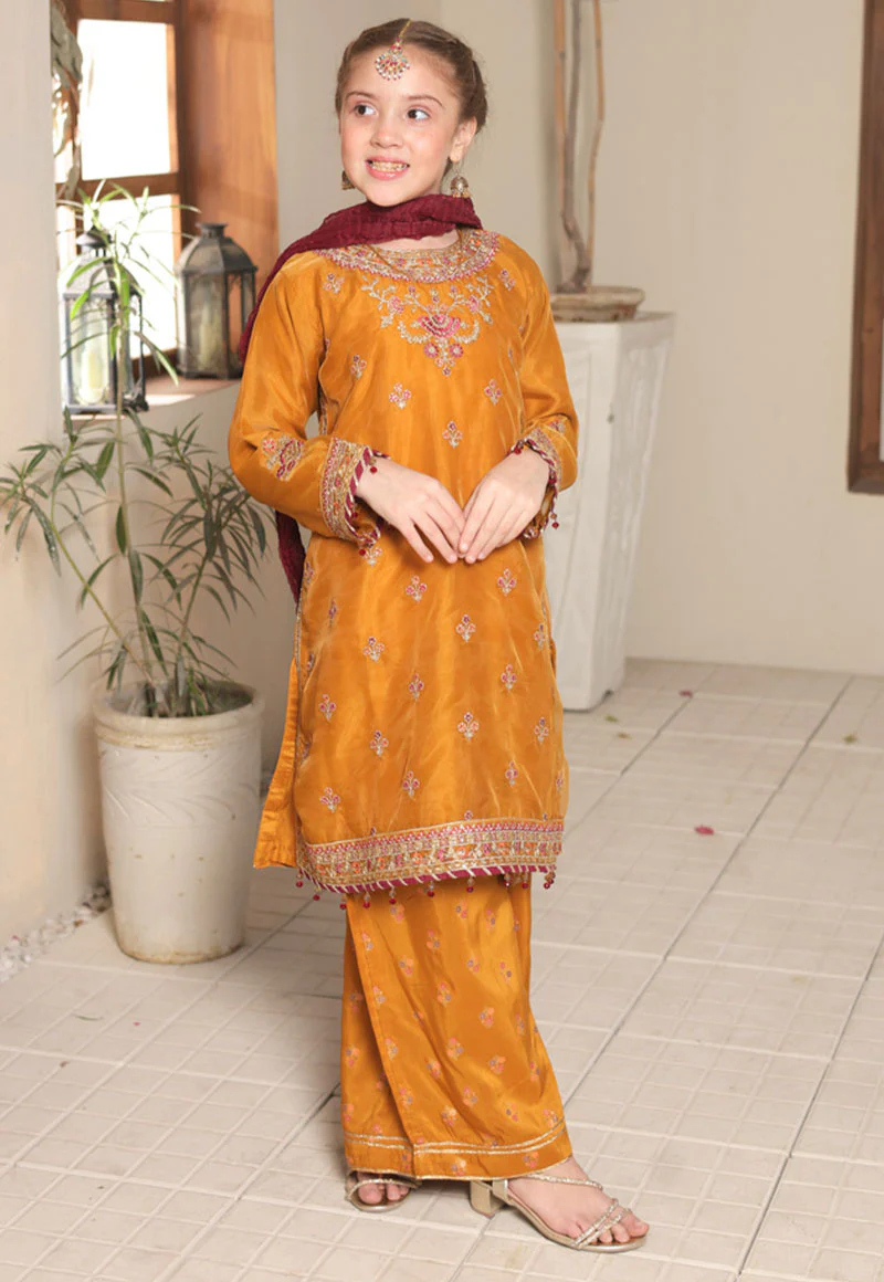 Gota Kinari By Shanzey Stitched 3 Piece Kids Festive Formals Suit-SHK-5501-Mustard - Image 3