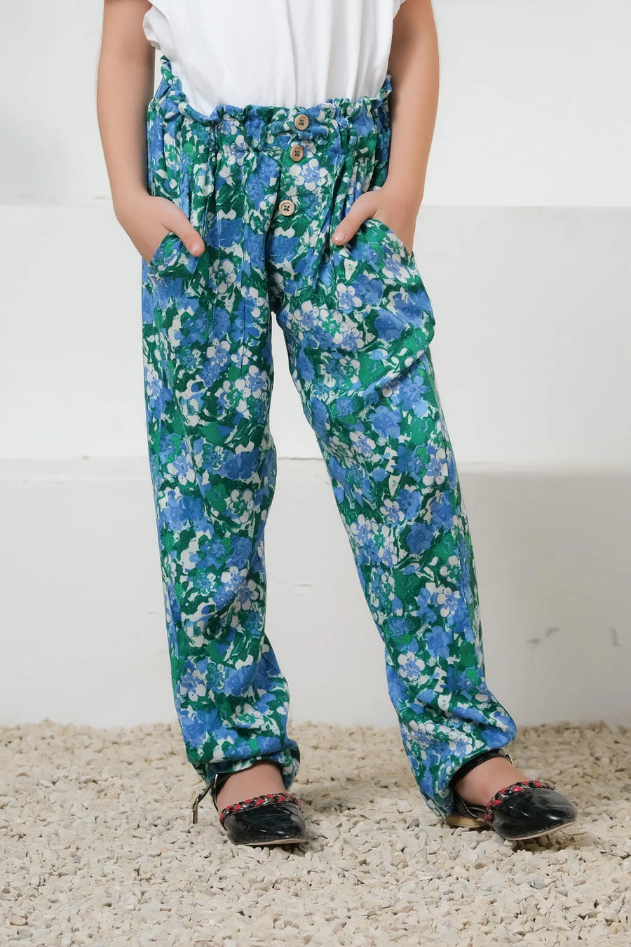 Sprinkles Stitched 1 Piece Summer Bottoms Kids Suit-Green Floral Print Wide Leg Trousers - Image 4