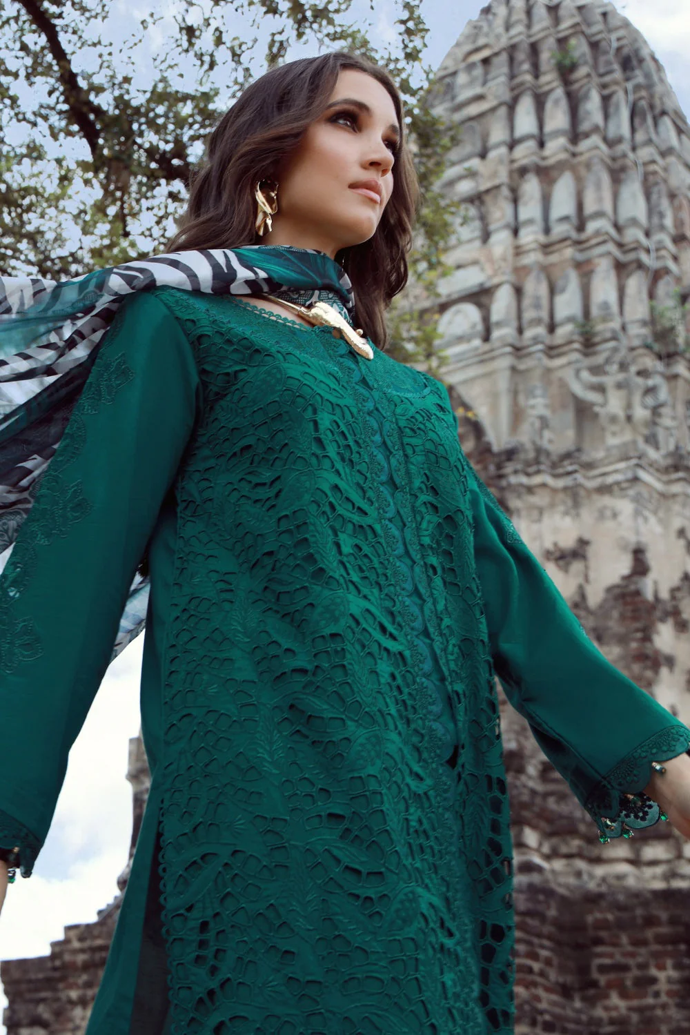 Gulmina Unstitched 3 Piece Luxury Lawn Vol-02 Suit-Emerald Drape With Long Shirt - Image 3