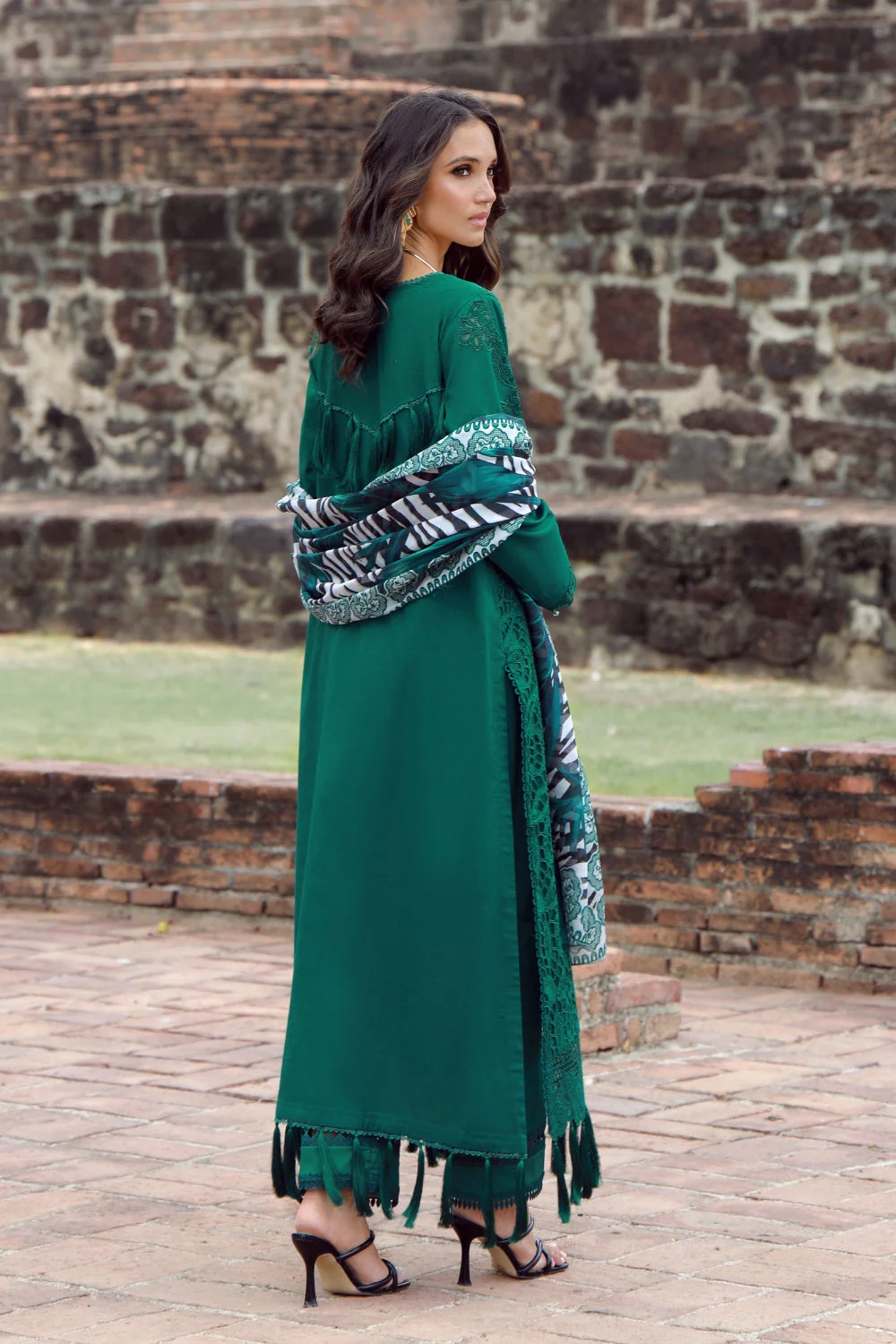 Gulmina Unstitched 3 Piece Luxury Lawn Vol-02 Suit-Emerald Drape With Long Shirt - Image 6