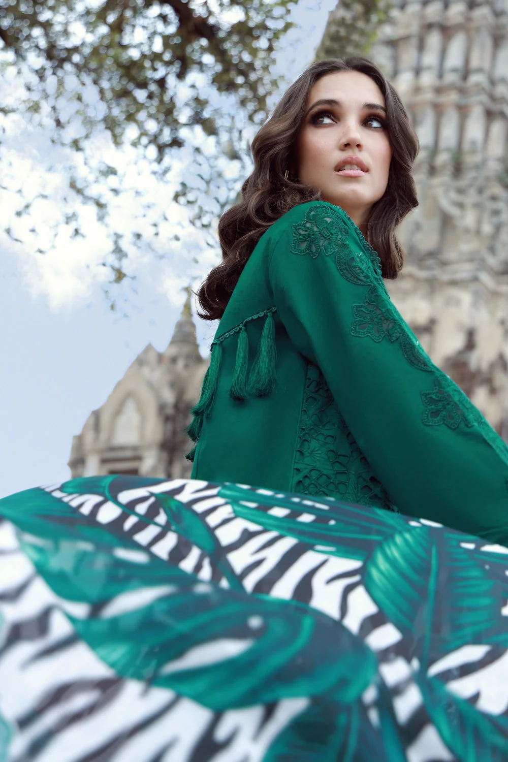 Gulmina Unstitched 3 Piece Luxury Lawn Vol-02 Suit-Emerald Drape With Open Shirt - Image 6