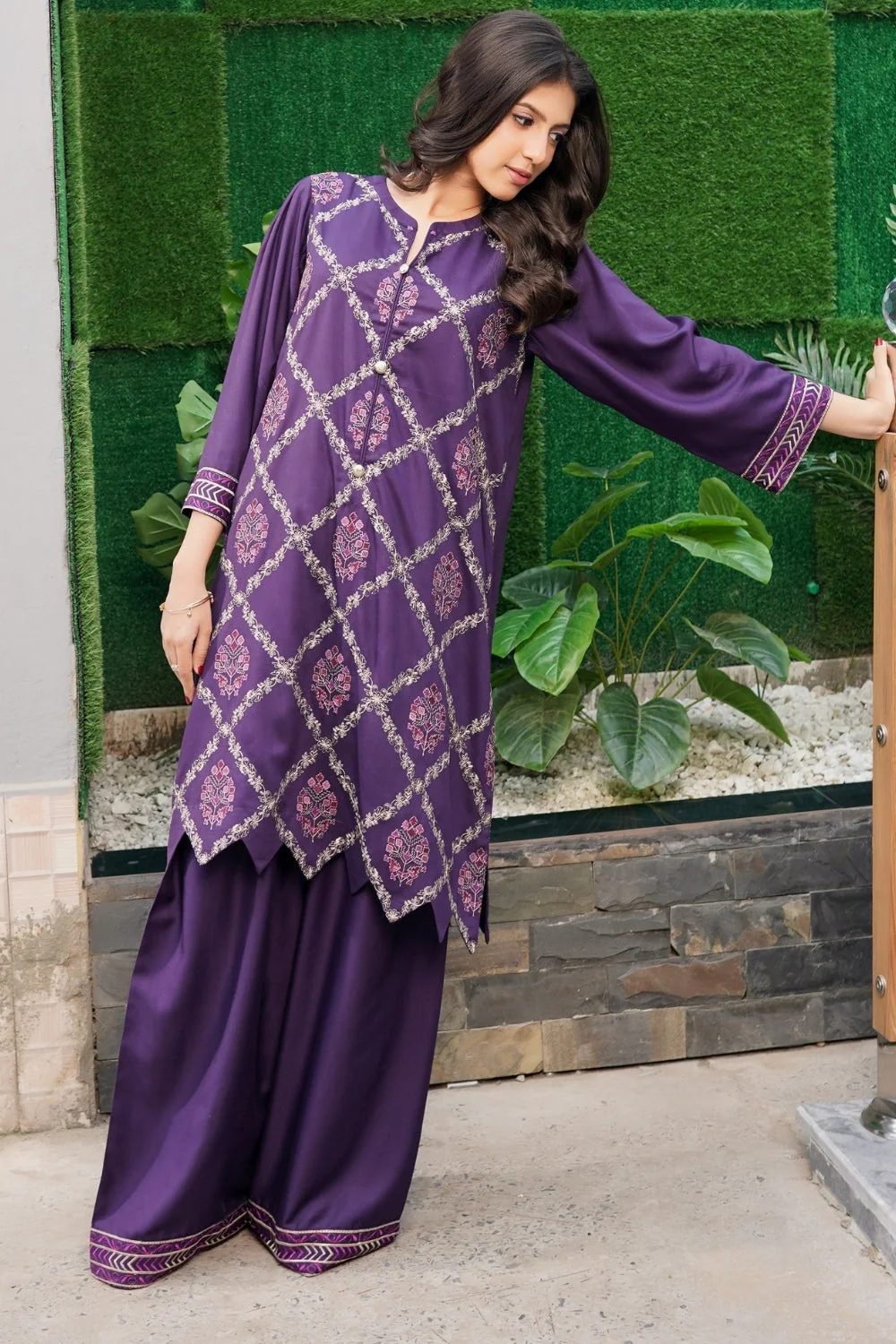 Earthen Tones By G Basics Gulmina Stitched 2 Piece Winter Suit-Lavender (2PC) - Image 3