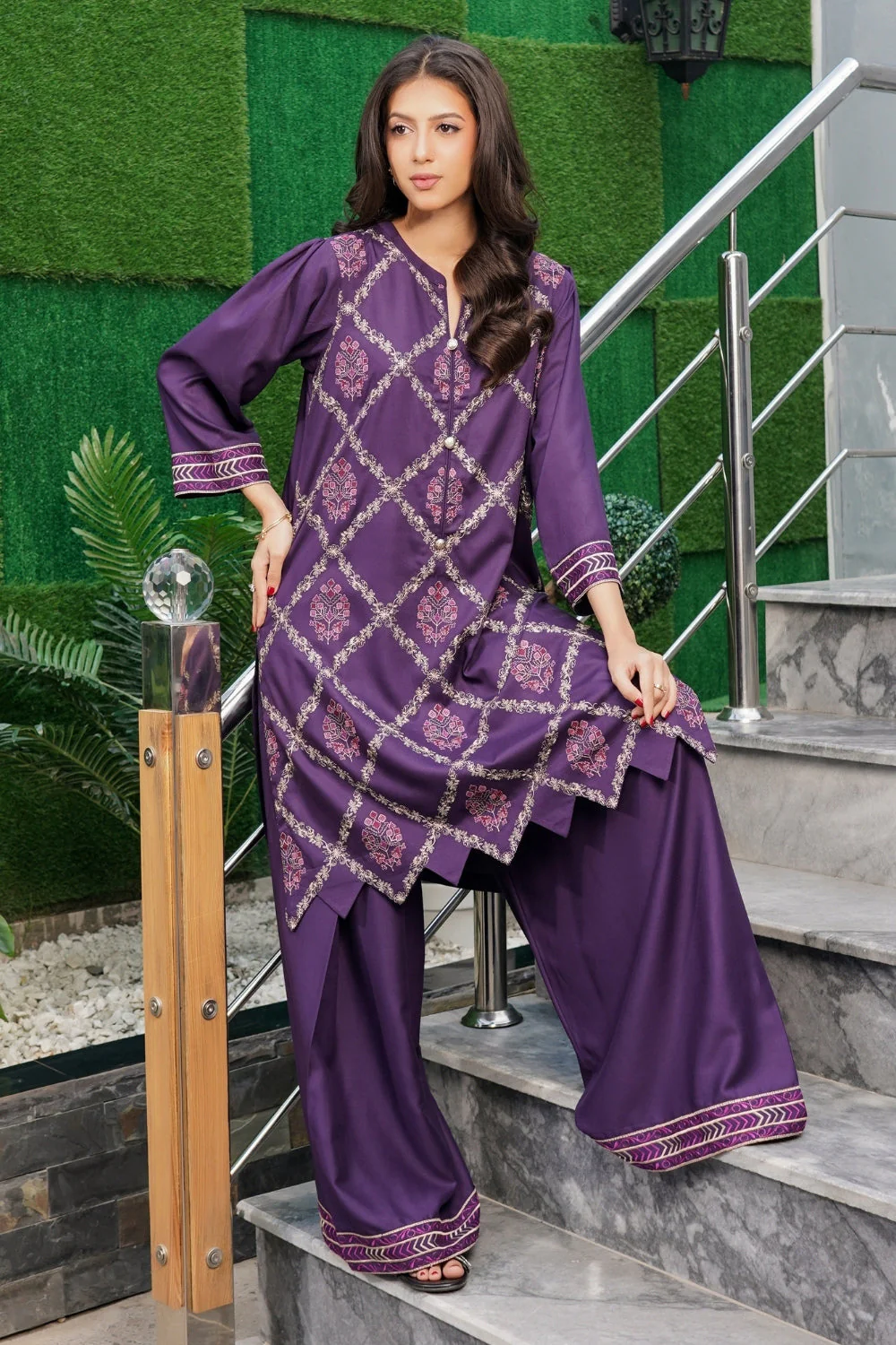 Earthen Tones By G Basics Gulmina Stitched 2 Piece Winter Suit-Lavender (2PC) - Image 8