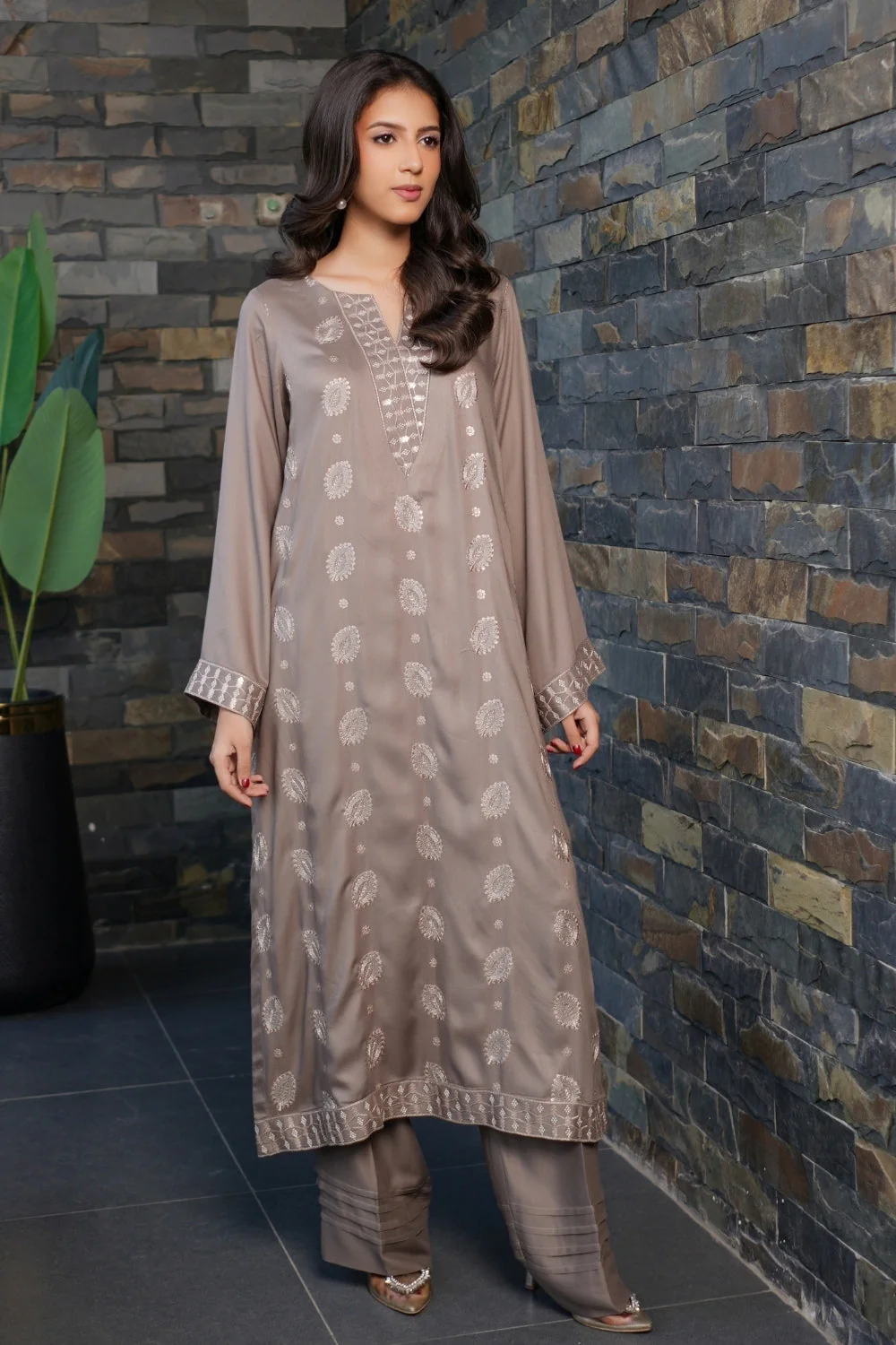 Earthen Tones By G Basics Gulmina Stitched 2 Piece Winter Suit-Smoky Gray (2PC) - Image 5