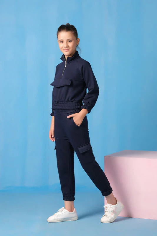Sprinkles Stitched 2 Piece Winter Co Ord Sets Kids Suit-Half Zip Sweatshirt With Joggers Pants - Navy - Image 2