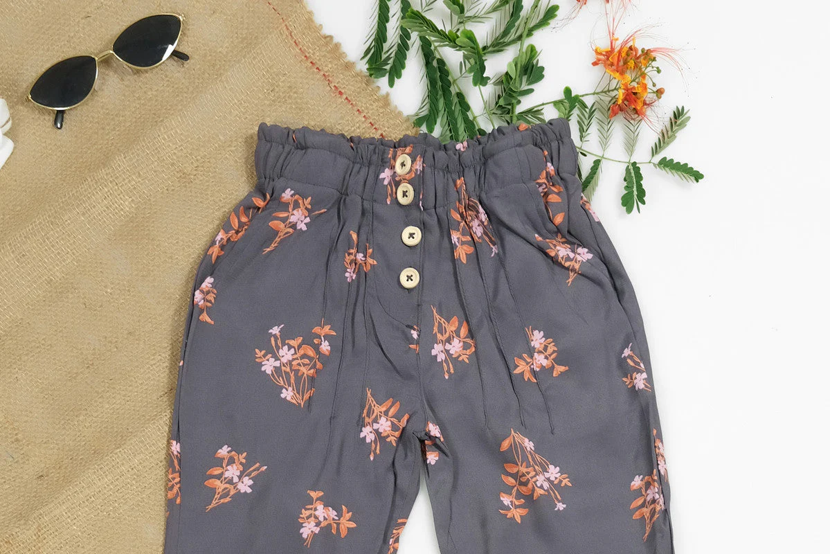 Sprinkles Stitched 1 Piece Summer Bottoms Women Suit-Heather Grey Straight Pant Front Button - Image 3
