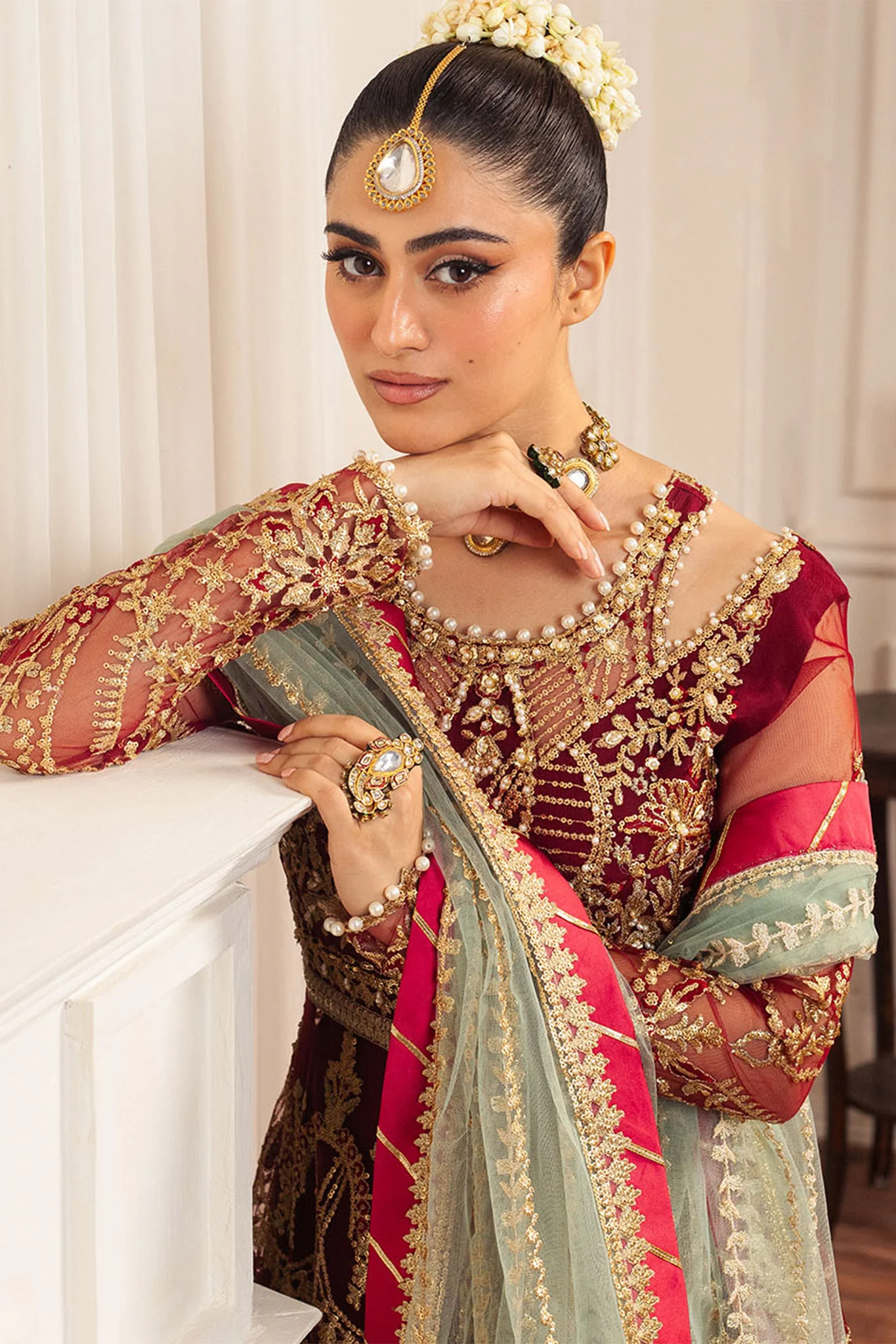 Hemline By Mushq Unstitched 3 Piece Aura Debut Wedding Suit-06-Scarlet - Image 5