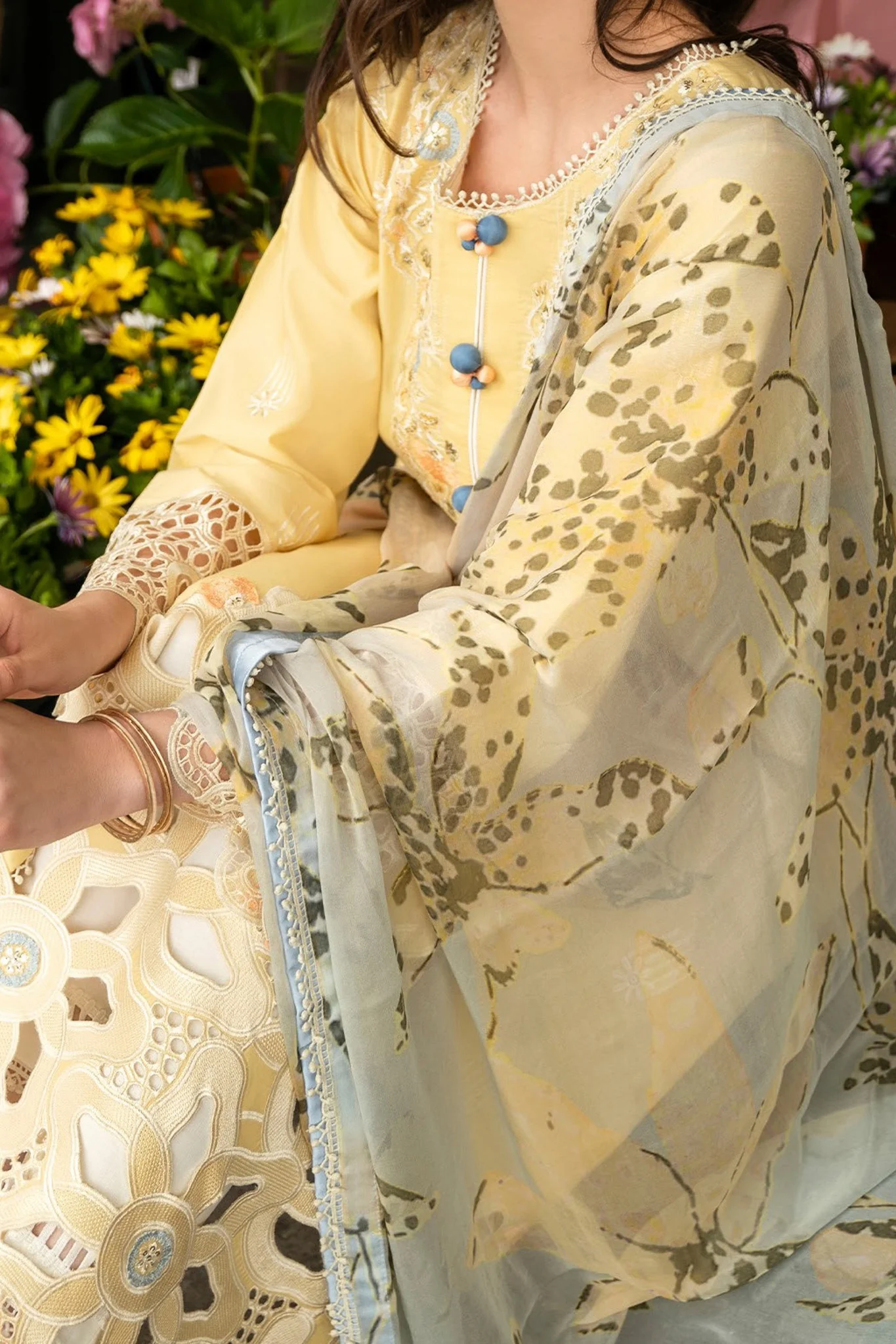 Hemline Odyssey By Mushq Unstitched 3 Piece Luxury Emb Lawn Suit-HMC-01-Sunset Sway - Image 2