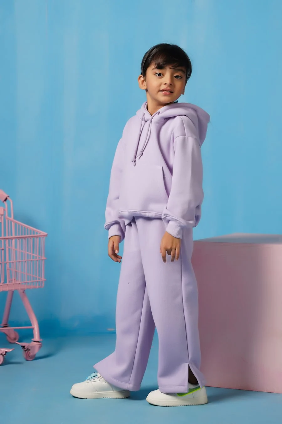 Sprinkles Stitched 2 Piece Winter Co Ord Sets Kids Suit-Hoodie With Slit Open Flared Pants - Lilac - Image 5