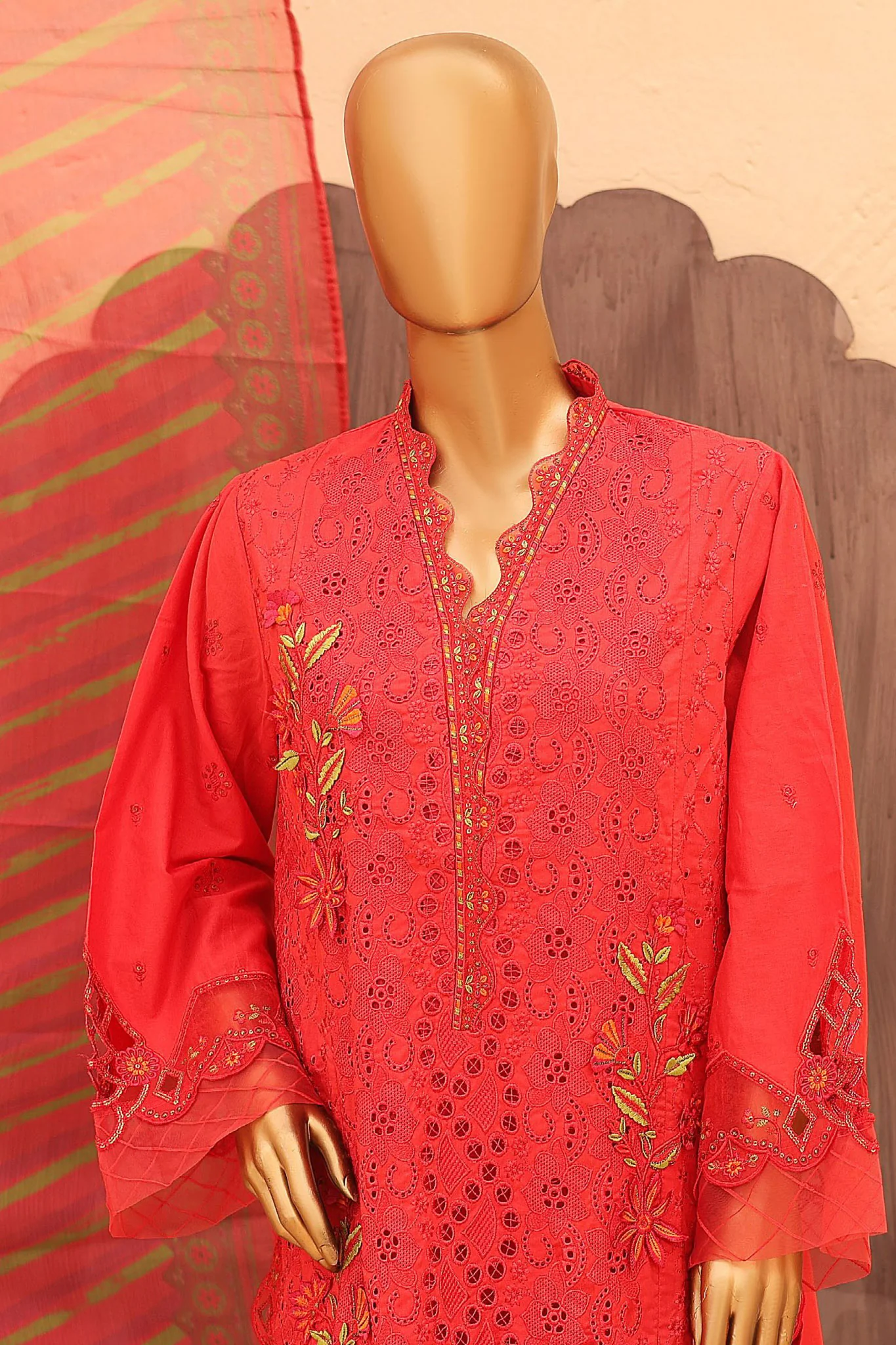 Hoor By Bin Saeed Stitched 3 Piece Festive 3D Flower Cutwork Kari Emb Lawn Suit-LF-833-Red - Image 2