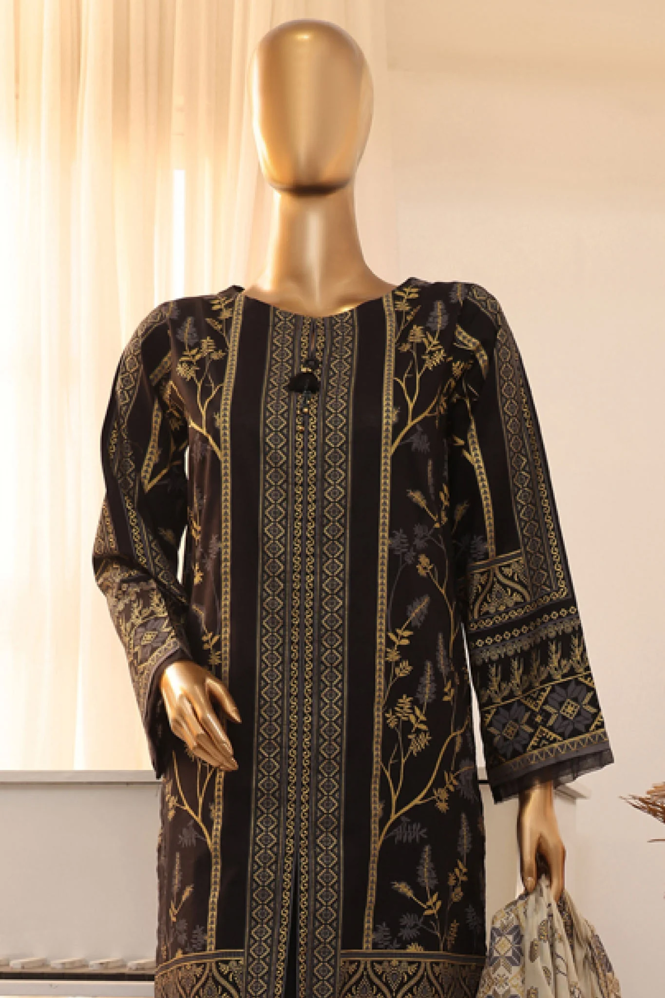 Hues Gold by Hz Stitched 3 Piece Festive Eid Edit Lawn Suit-SSP-3P-024 - Image 2