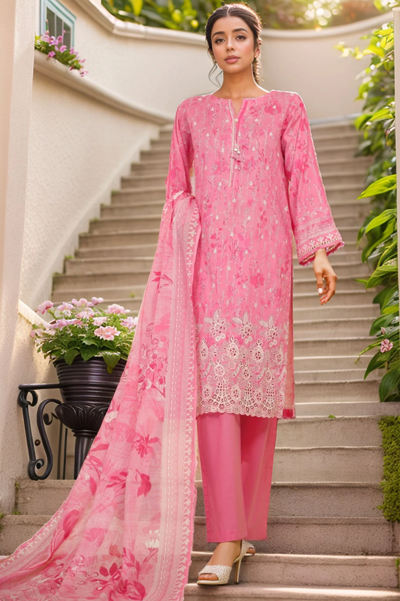 HZ Stitched 3 Piece Chikankari Cambric Suit-LPK-3P-523