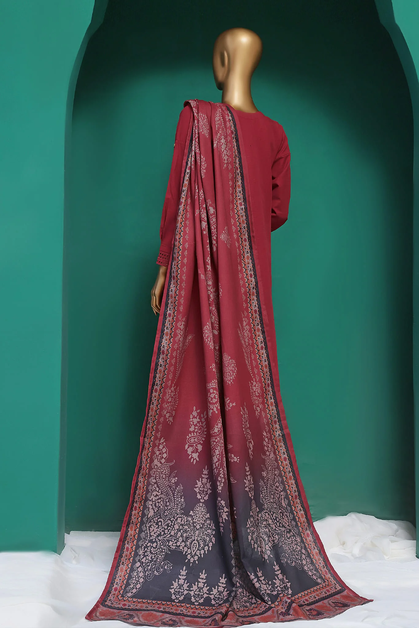 HZ Stitched 3 Piece Chikankari Khaddar With Shawl Suit-KSE-104-Maroon - Image 3