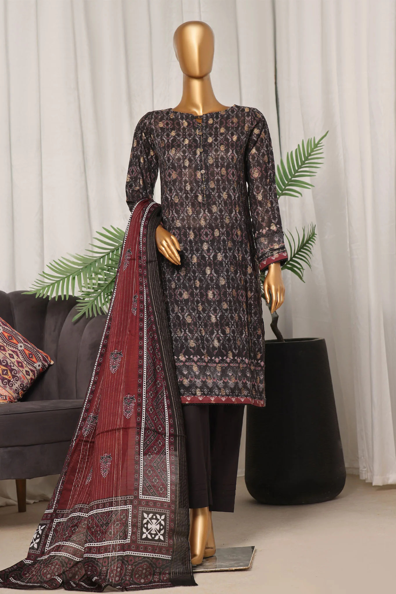 Damask by Hz Stitched 3 Piece Digital Printed Jacquard Suit-PJL-708-Black